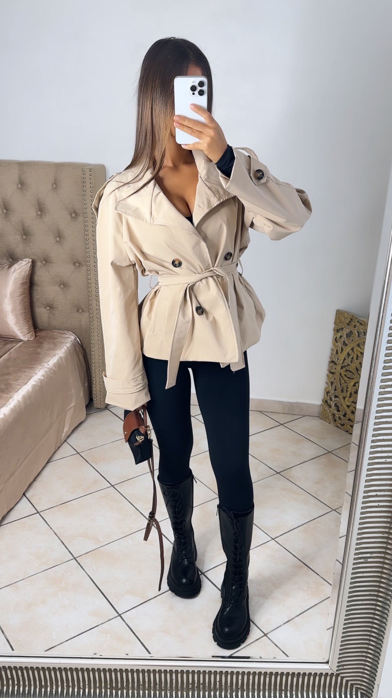 Trench col montant à ceinture [BEIGE]