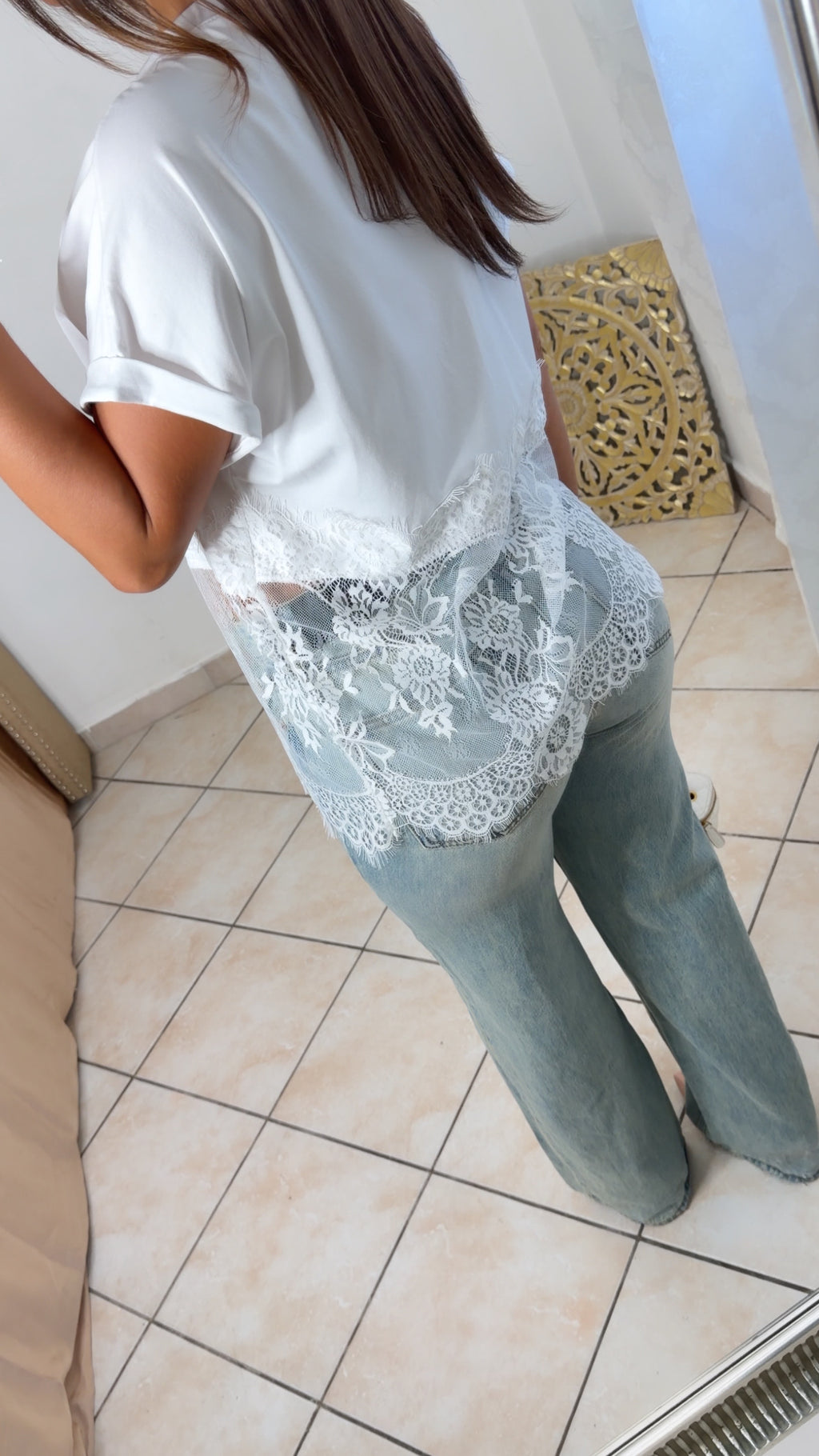 T-shirt bimatière en dentelle [BLANC]