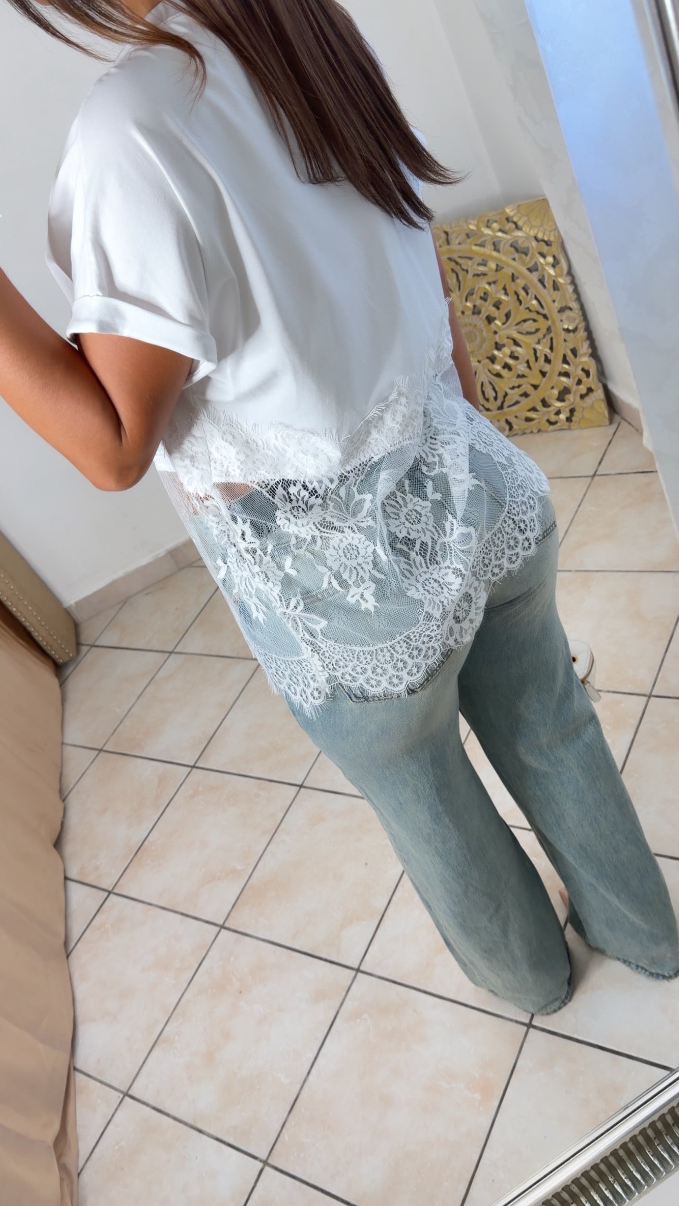 T-shirt bimatière en dentelle [BLANC]