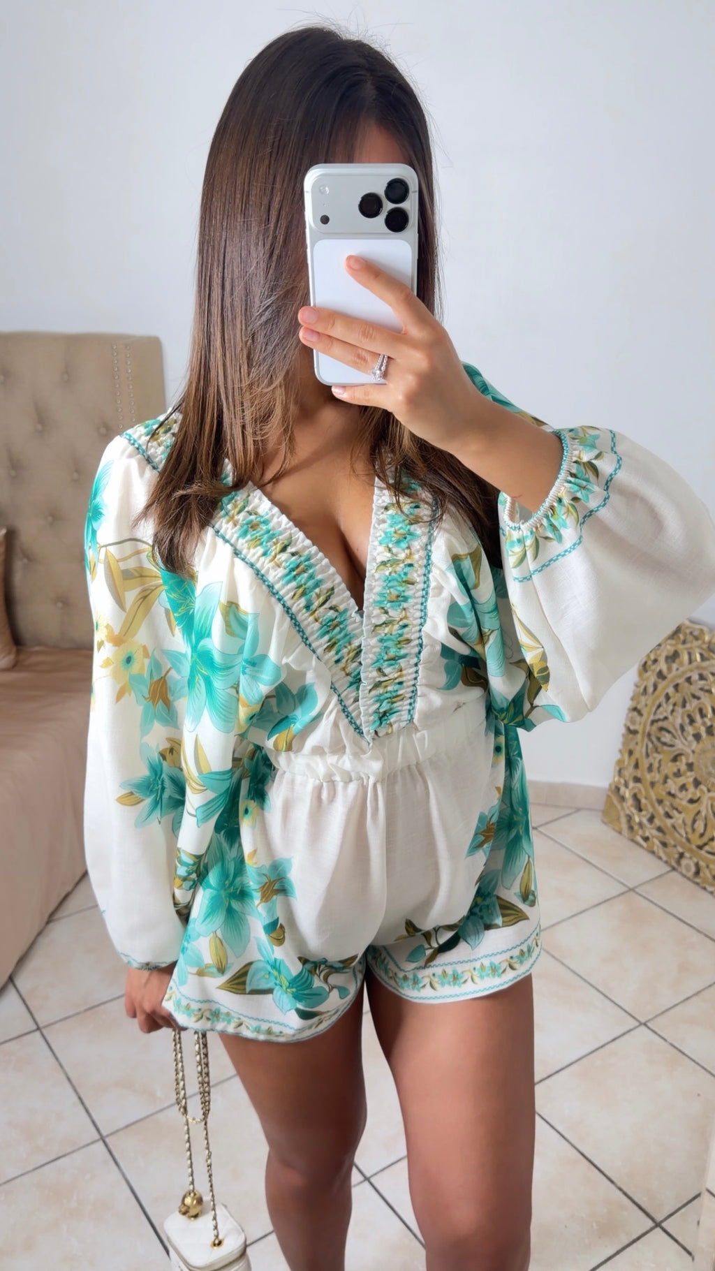 Combishort fleuris à manches bouffantes [MENTHE]