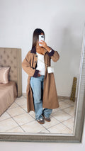 Trench long oversize à revers en daim marron [CAMEL]