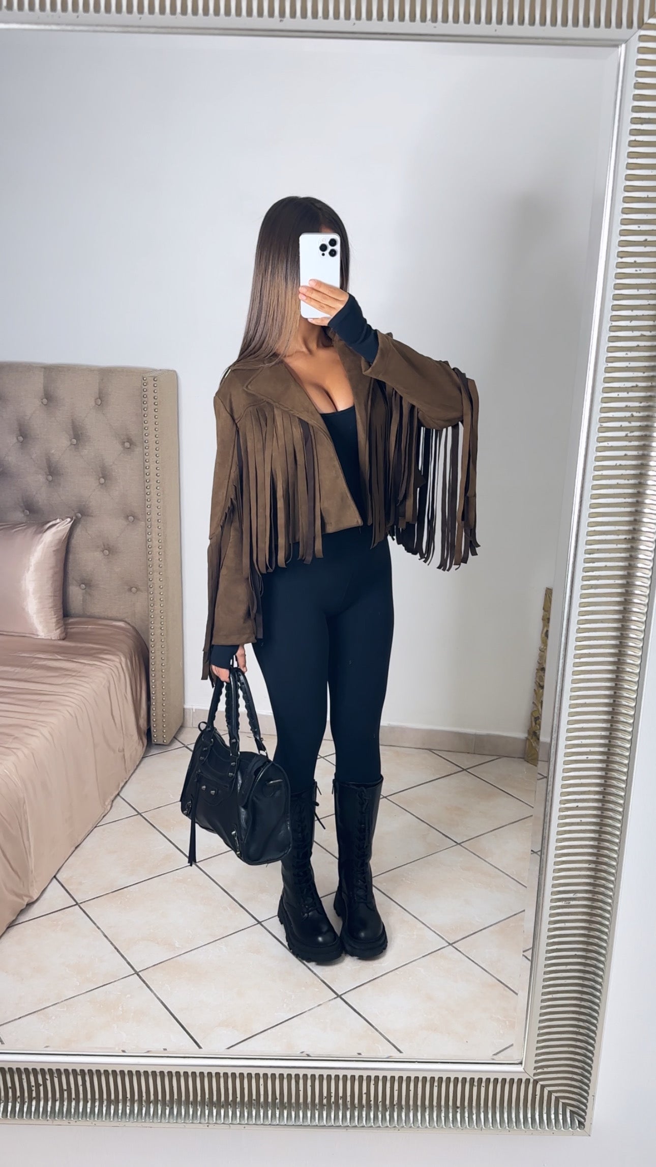 Veste courte à franges effet daim [MARRON]
