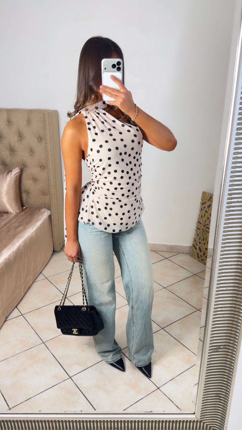 Top cintré écharpe à pois [BEIGE]