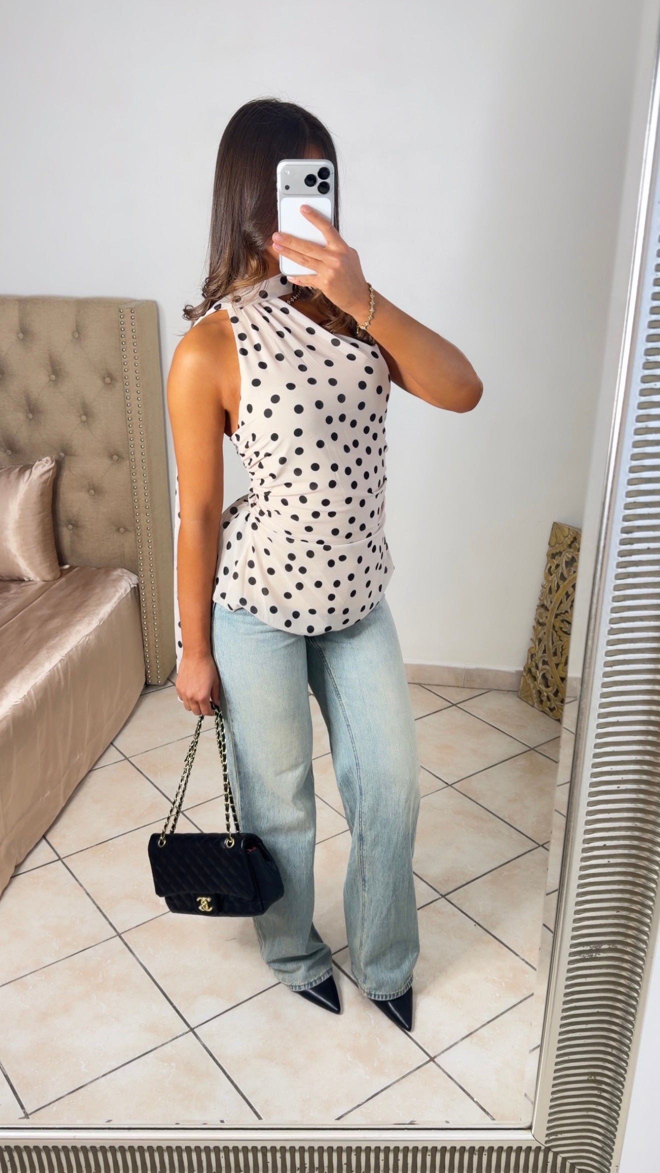 Top cintré écharpe à pois [BEIGE]