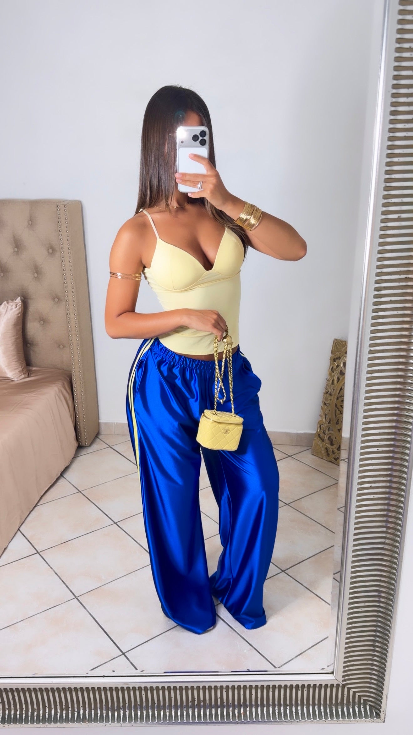 Pantalon satiné à bandes [BLEU]