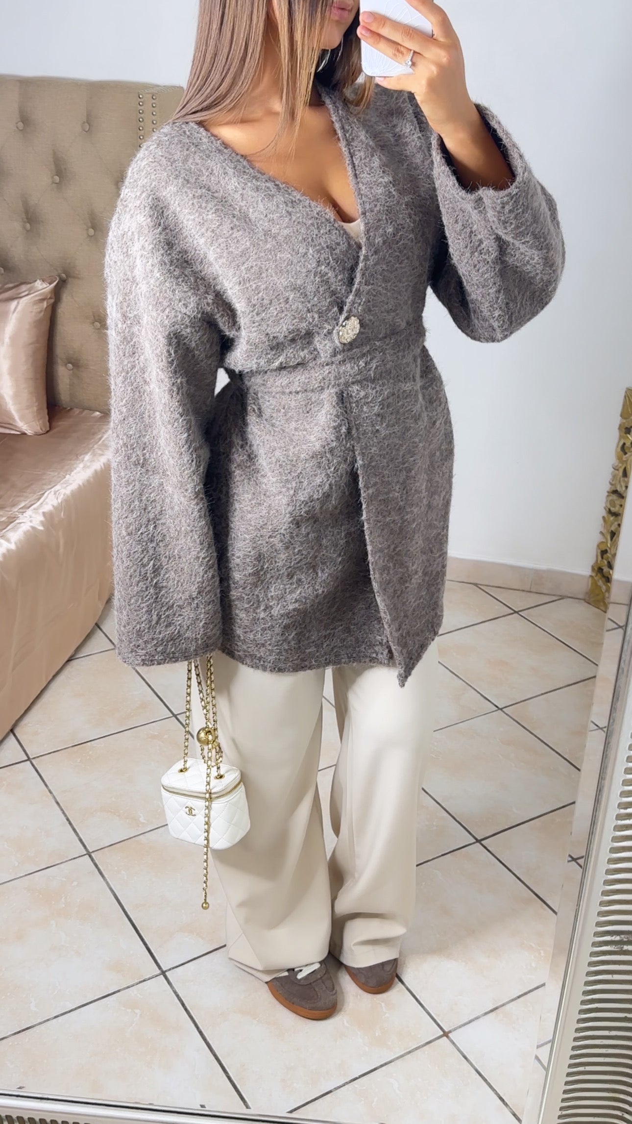 Gilet moutonné style kimono à ceinture [TAUPE]