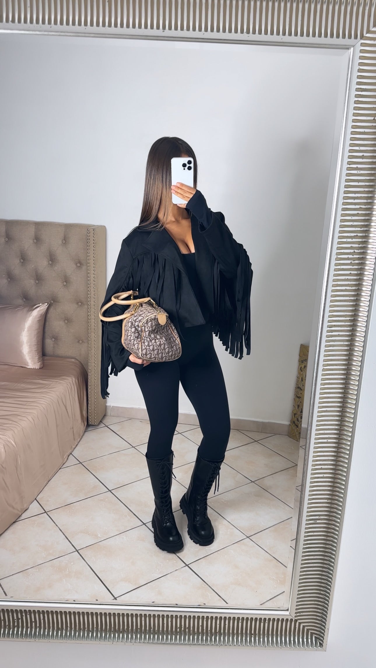 Veste courte à franges effet daim [NOIR]