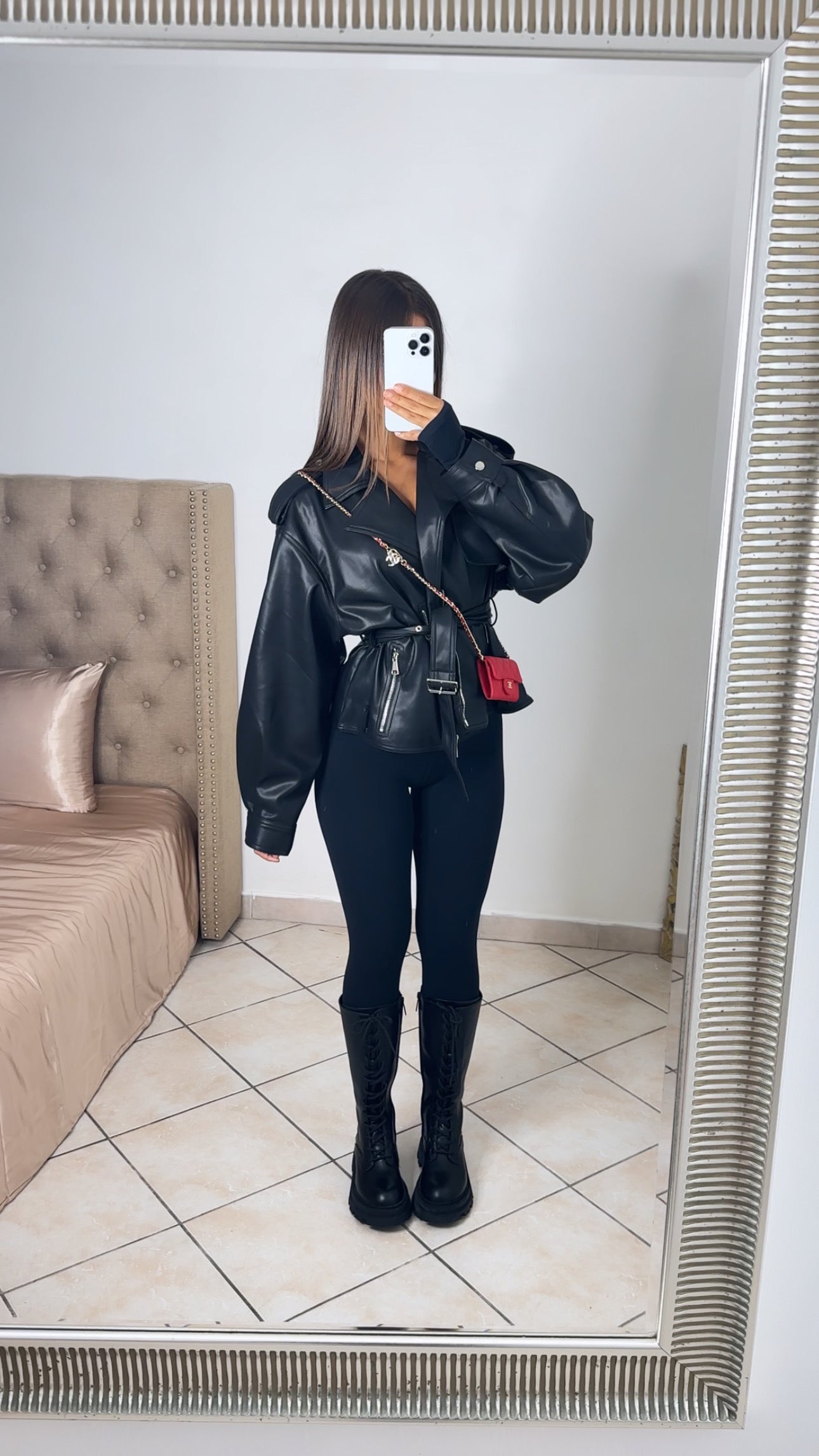 Veste oversize en similicuir à ceinture [NOIR]