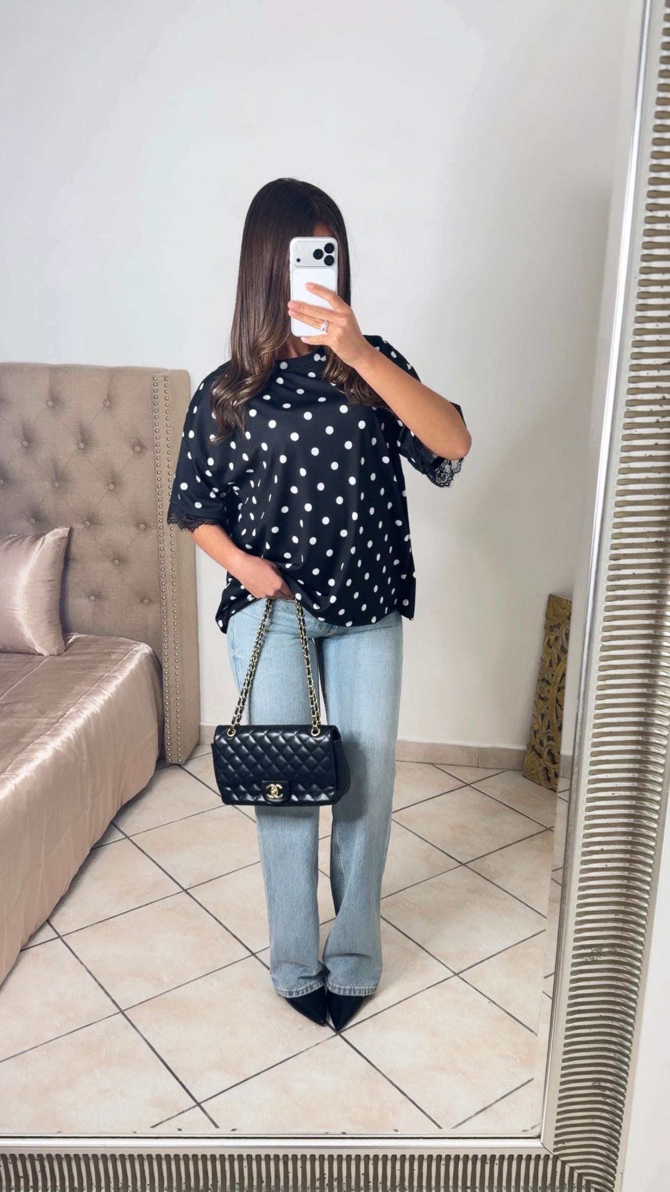 T-shirt dos en dentelle à pois [NOIR]