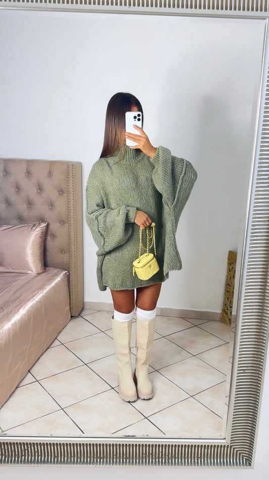 Pull long oversize en maille à col montant [KAKI]
