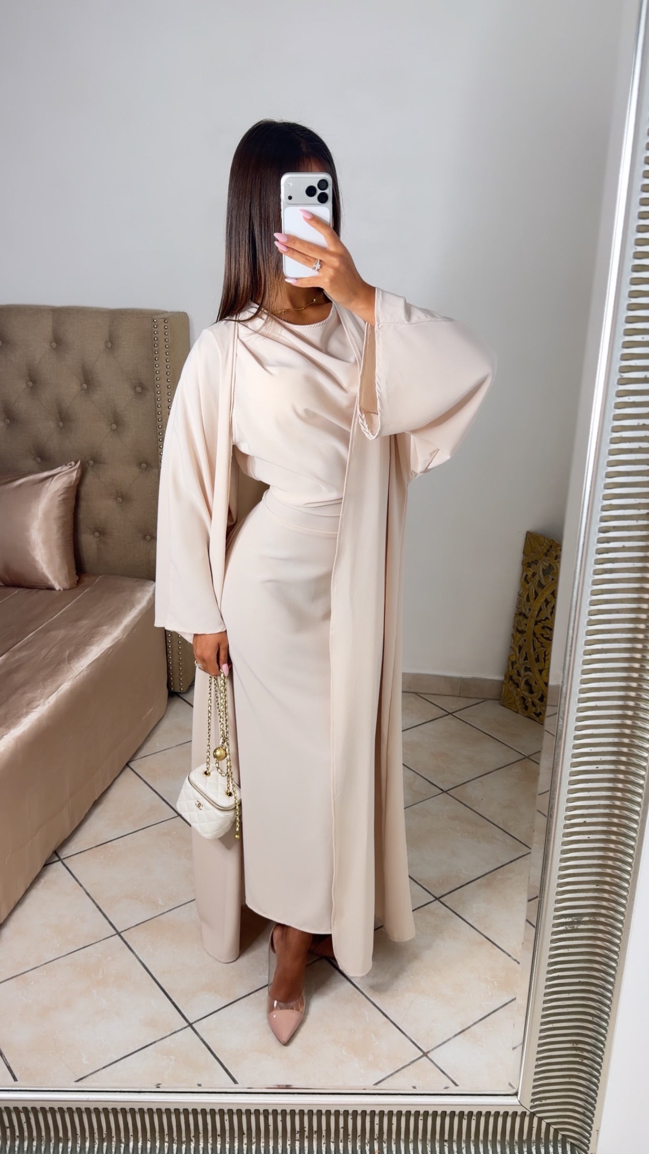 Ensemble robe cintrée à nouer au dos et kimono [BEIGE]