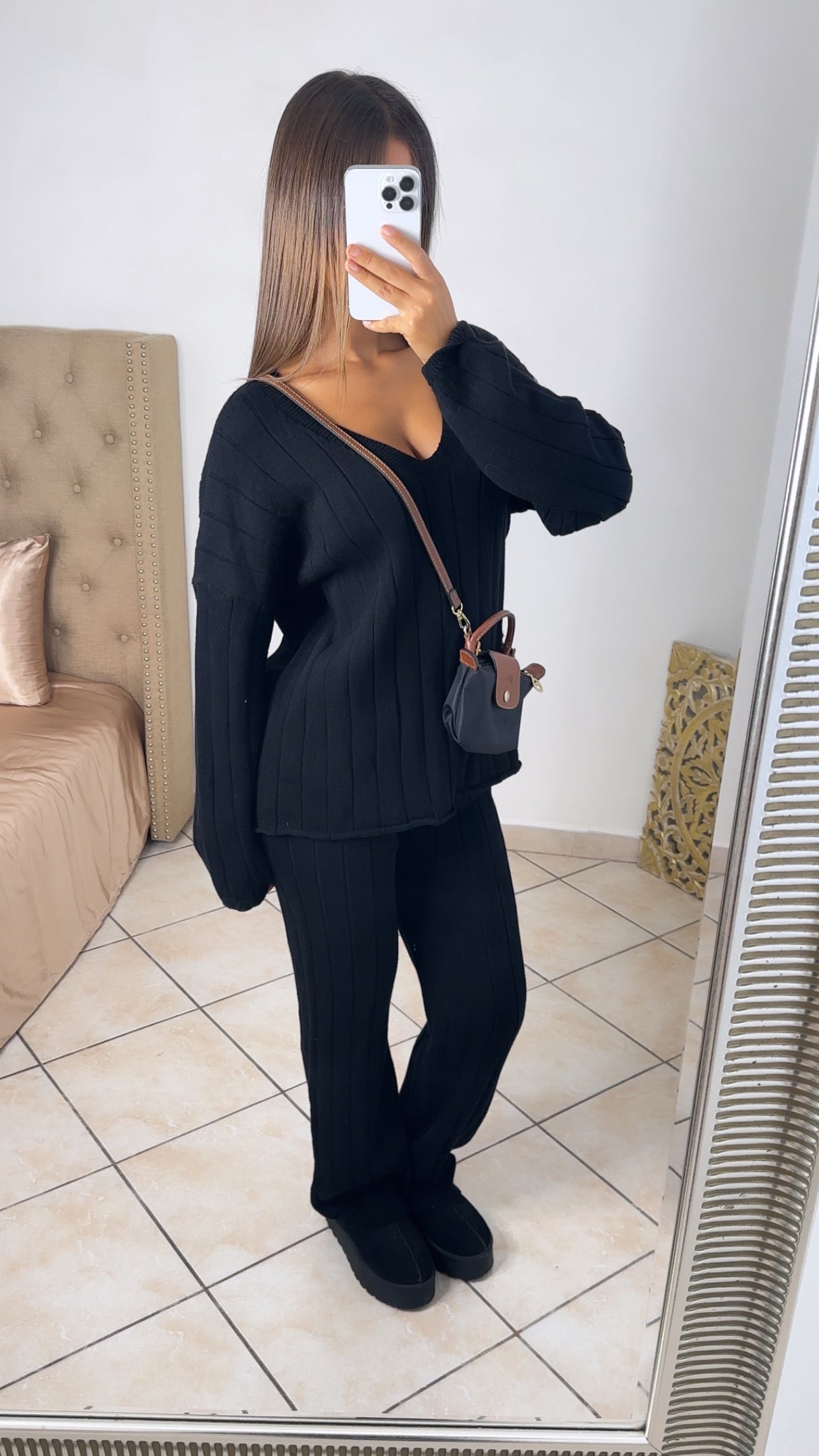 Ensemble pantalon en maille col V [NOIR]