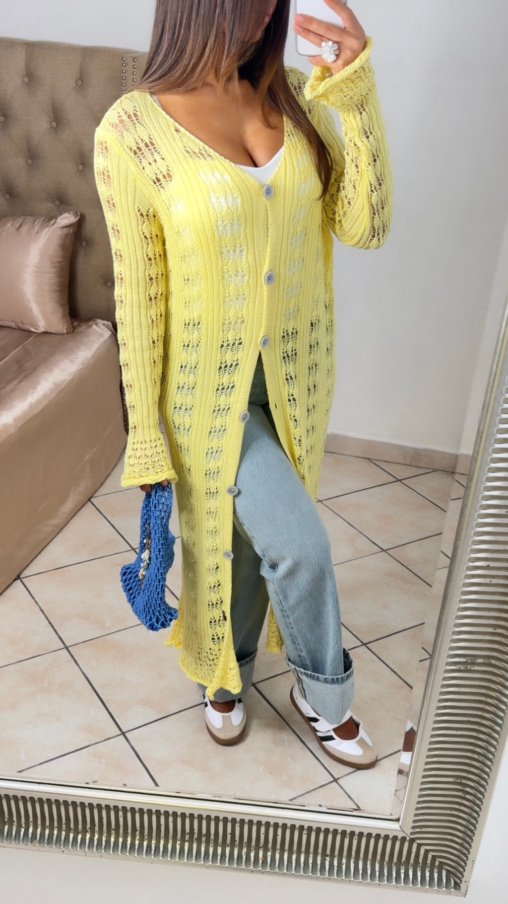 Gilet crochet long à boutons [JAUNE]