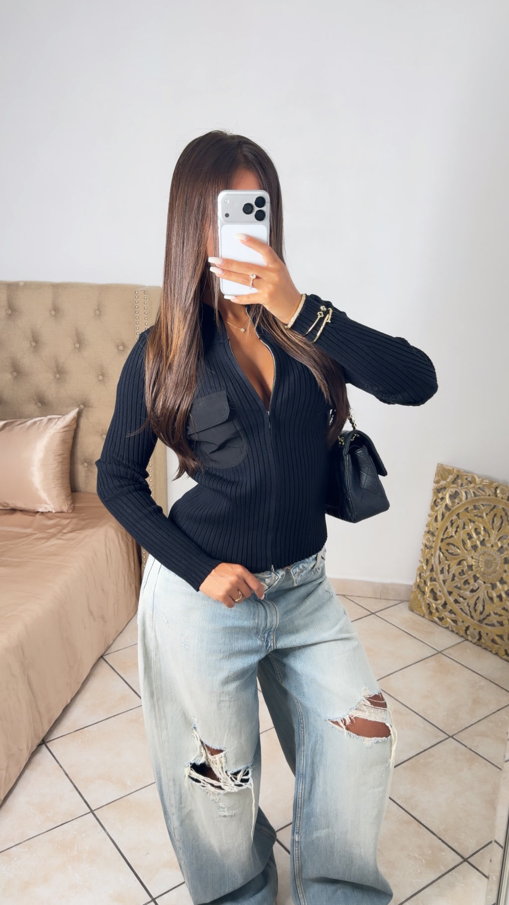 Gilet côtelé à zip [NOIR]