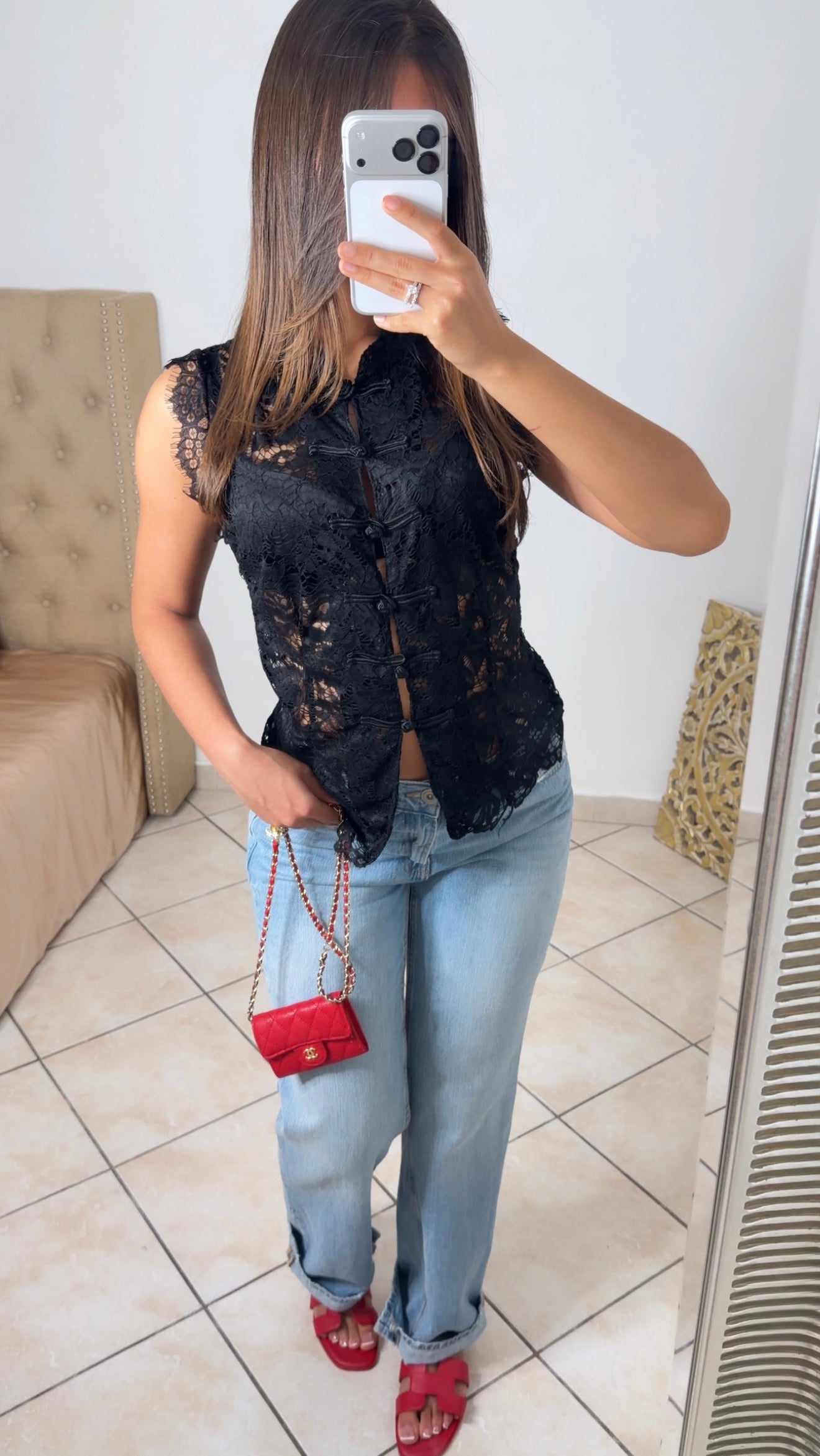 Top style Mao en dentelle transparent [NOIR]