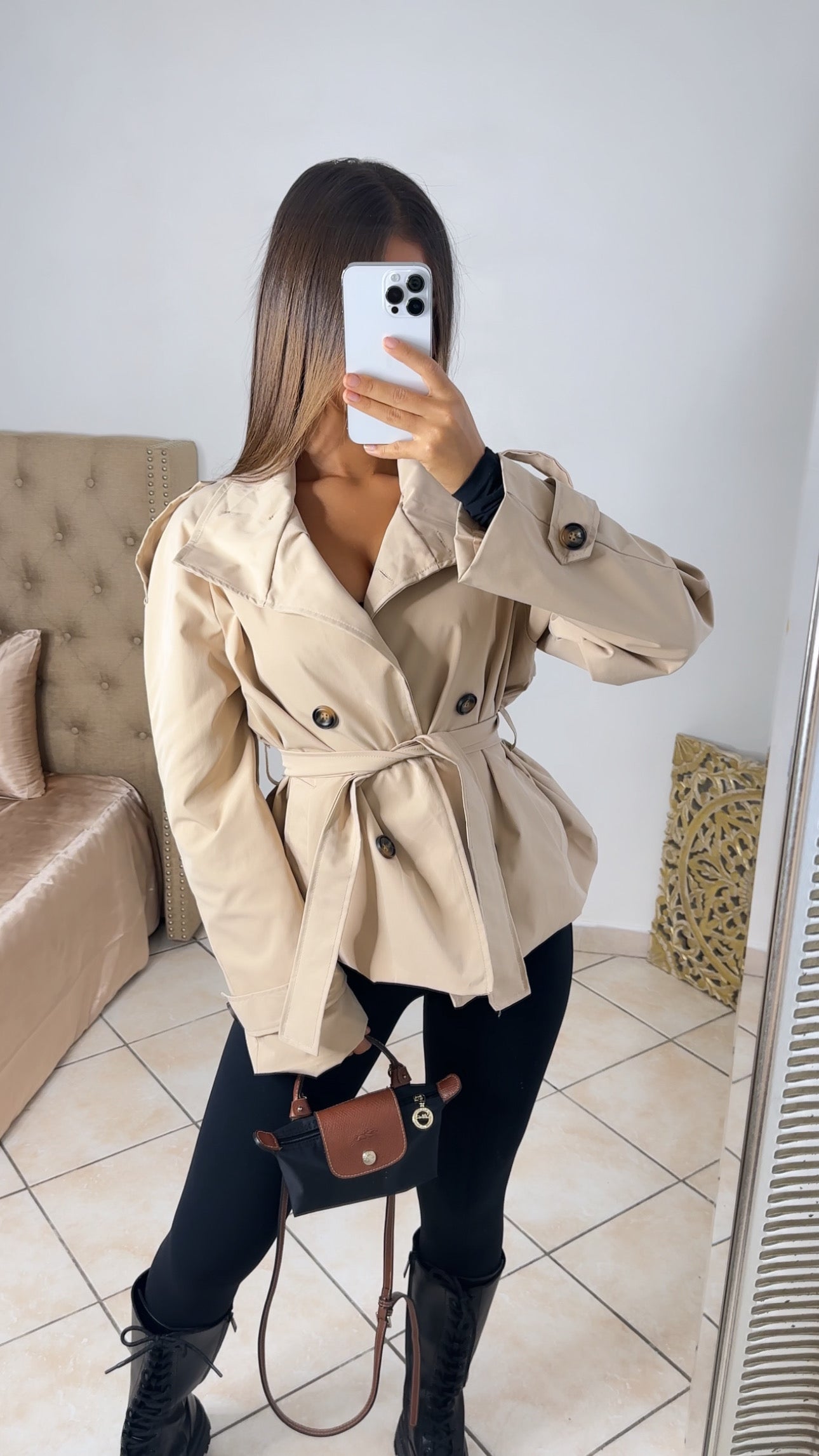 Trench col montant à ceinture [BEIGE]