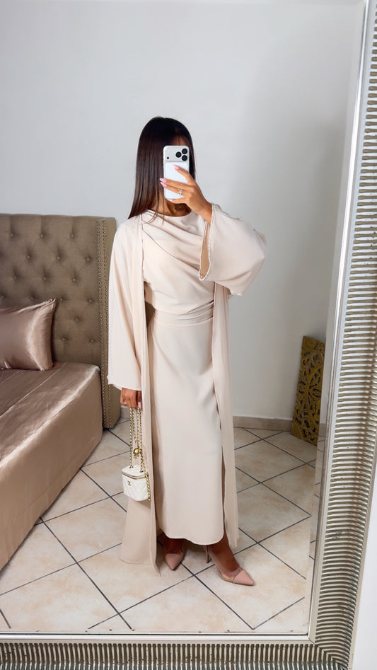 Ensemble robe cintrée à nouer au dos et kimono [BEIGE]