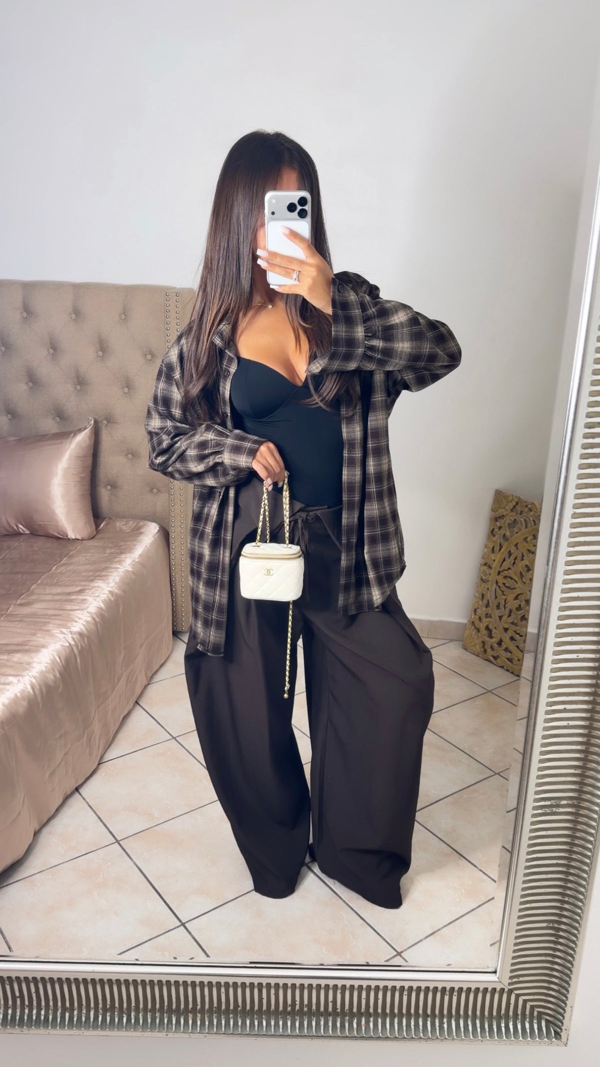 Chemise épaisse oversize longue à carreaux [MARRON]