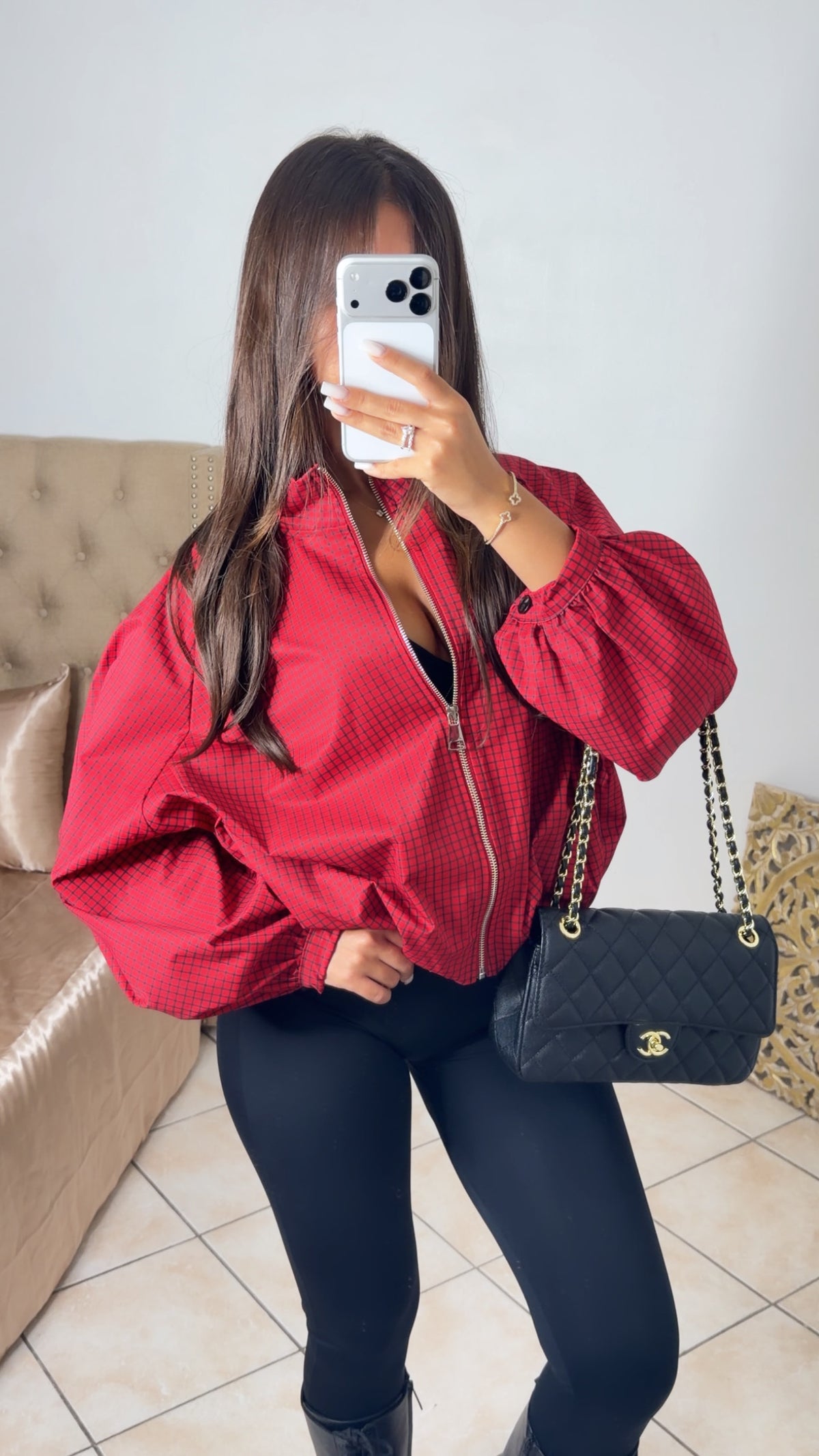 Veste bouffante à carreaux [ROUGE]