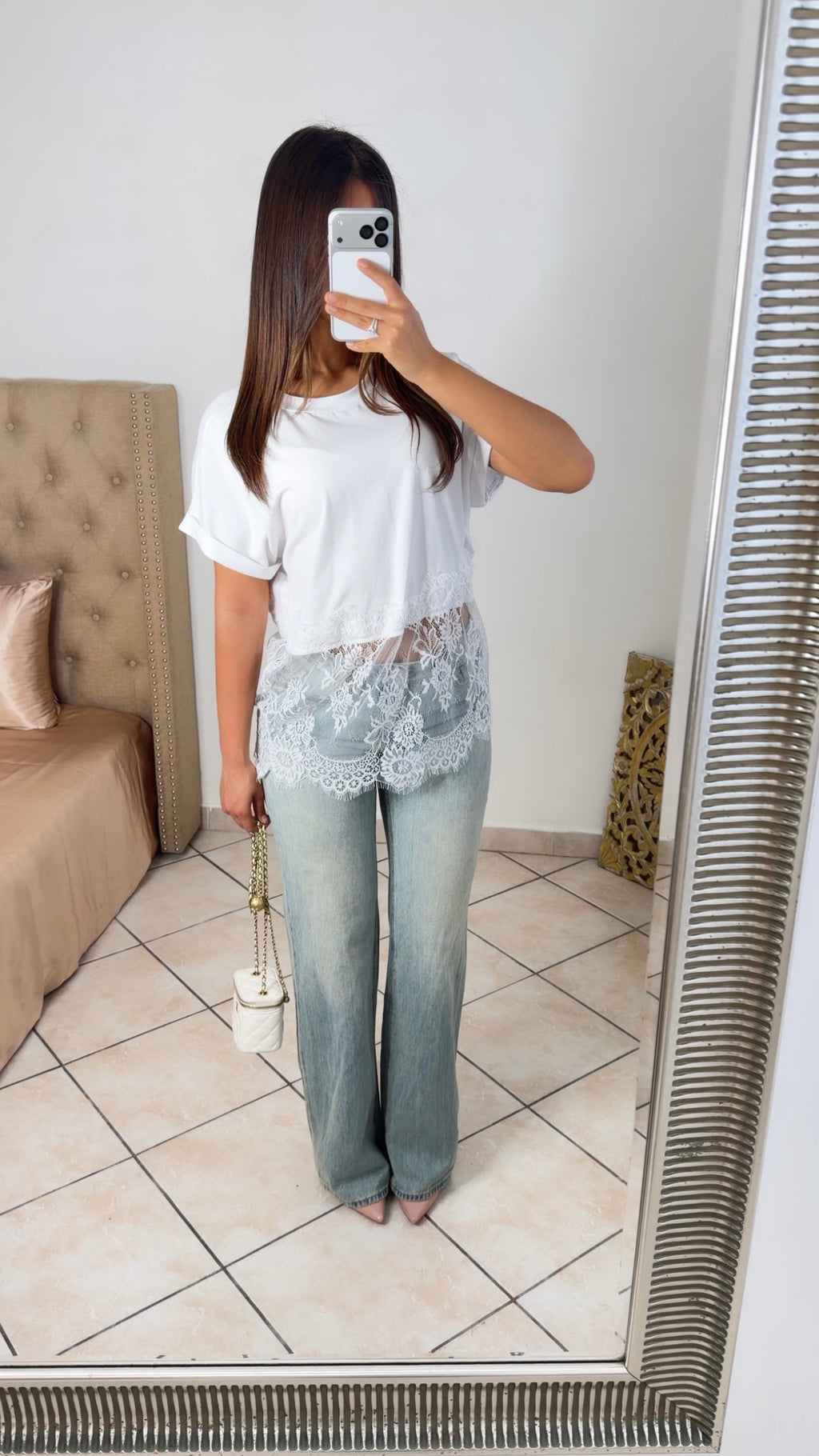 T-shirt bimatière en dentelle [BLANC]