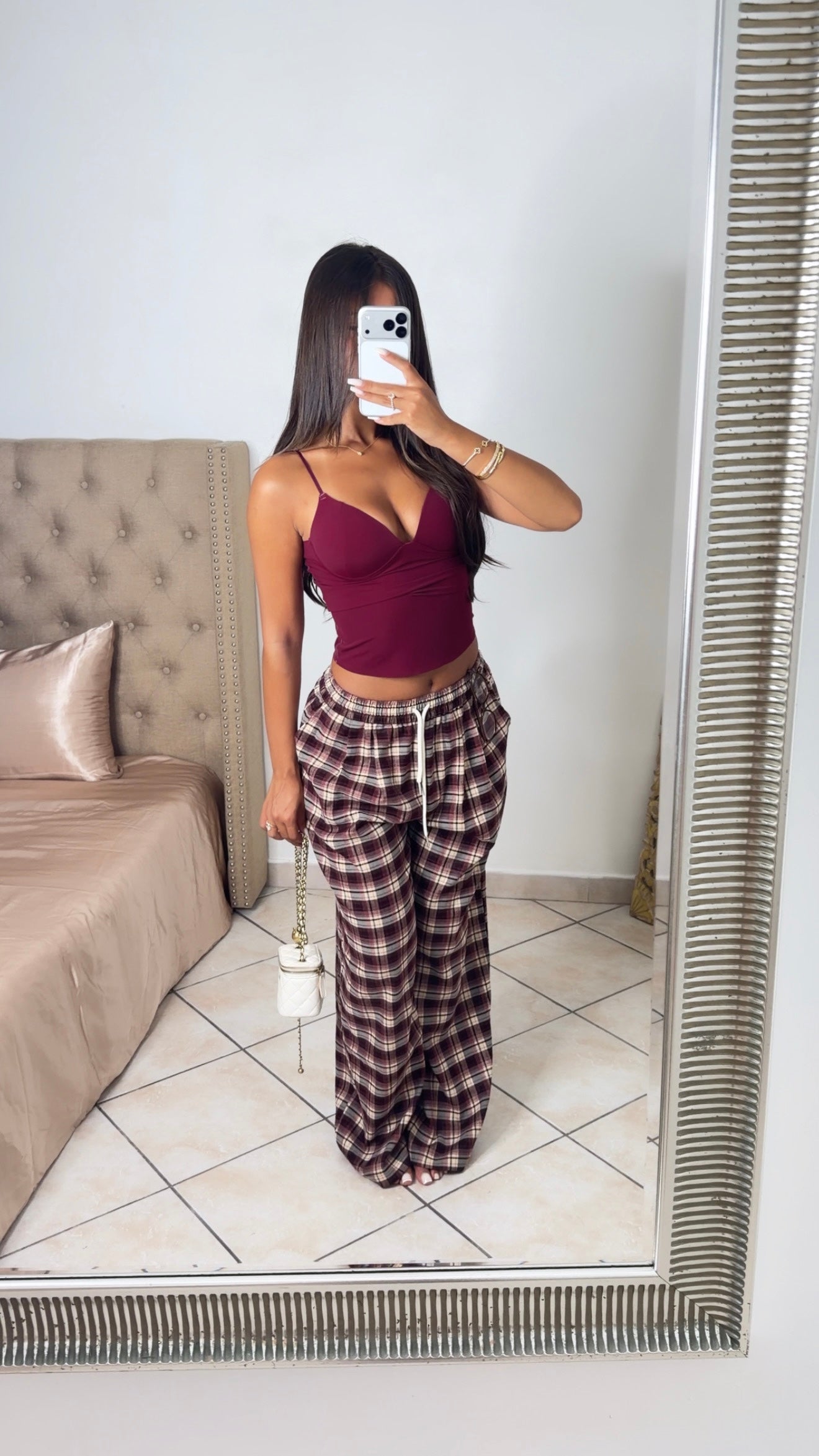 Pantalon à carreaux épais [PRUNE]