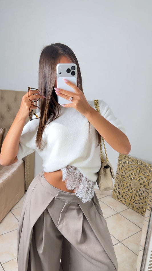 Top en maille douce à détail dentelle [BLANC]