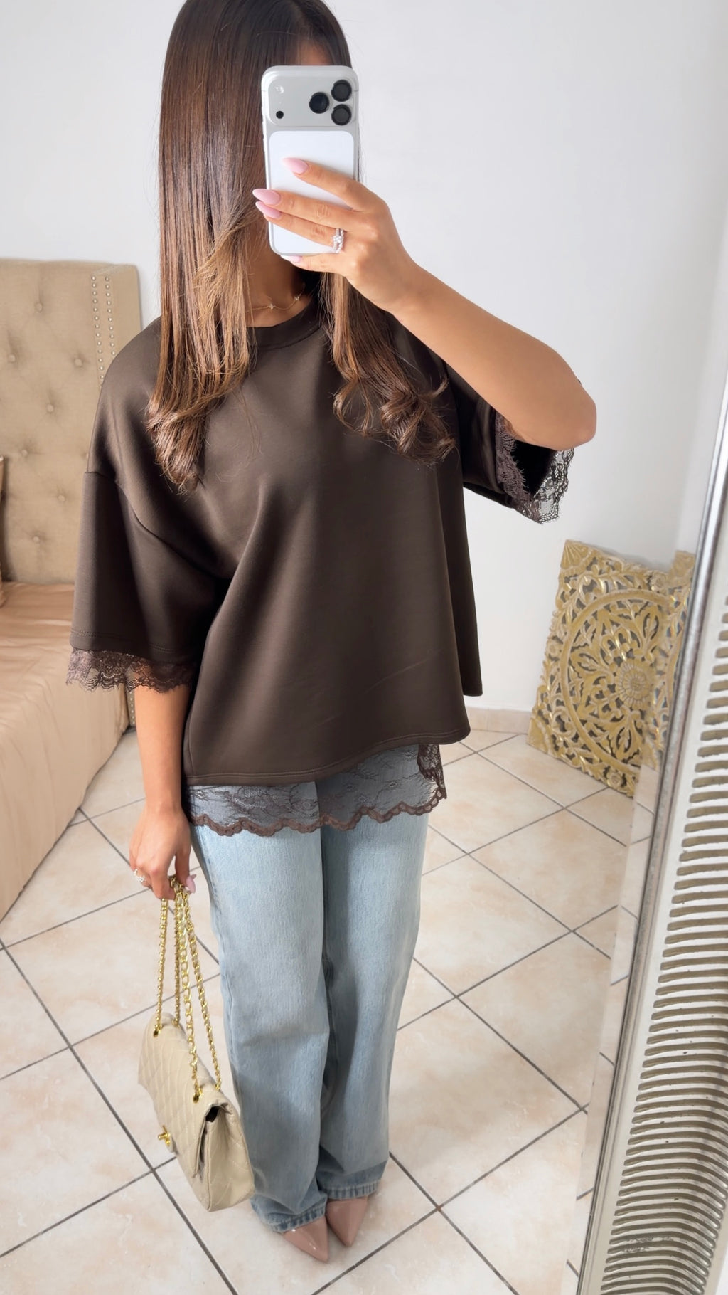T-shirt oversize dos en dentelle [MARRON]