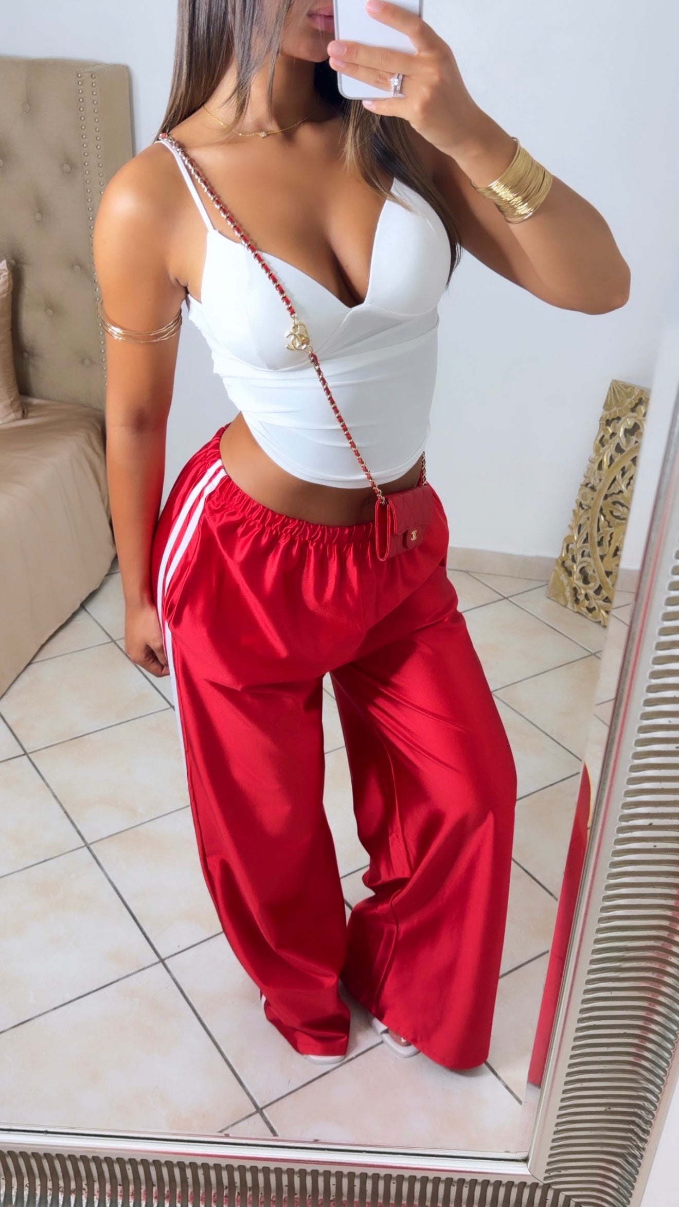 Pantalon satiné à bandes [ROUGE]