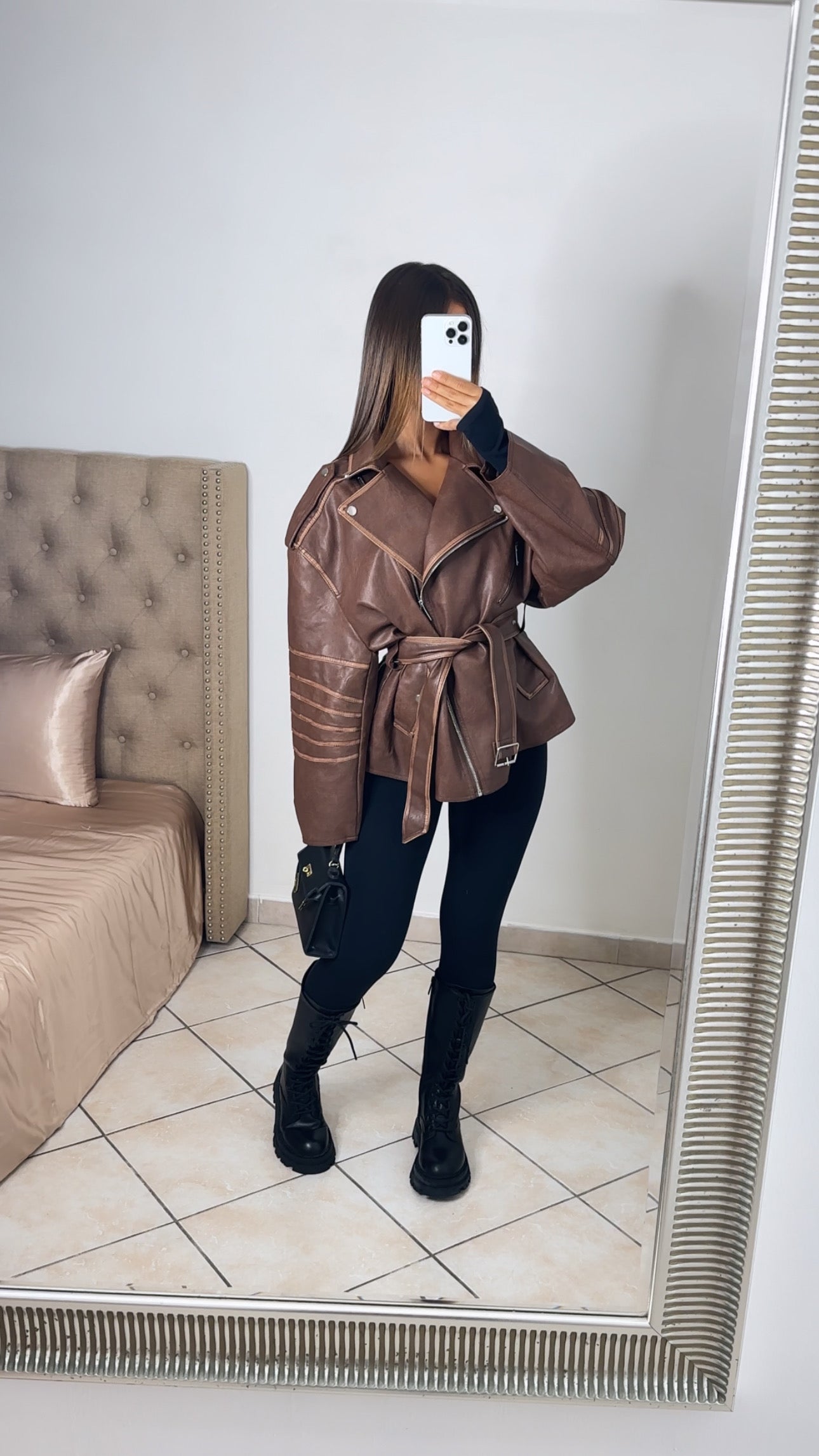 Veste oversize en similicuir à ceinture [MARRON]