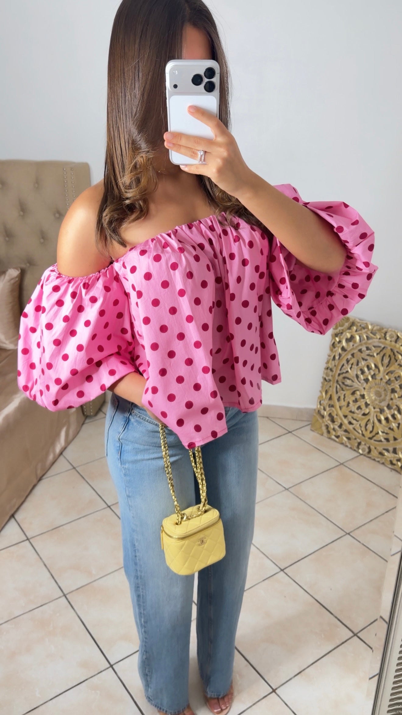 Top bouffant col bateau à pois [ROSE]