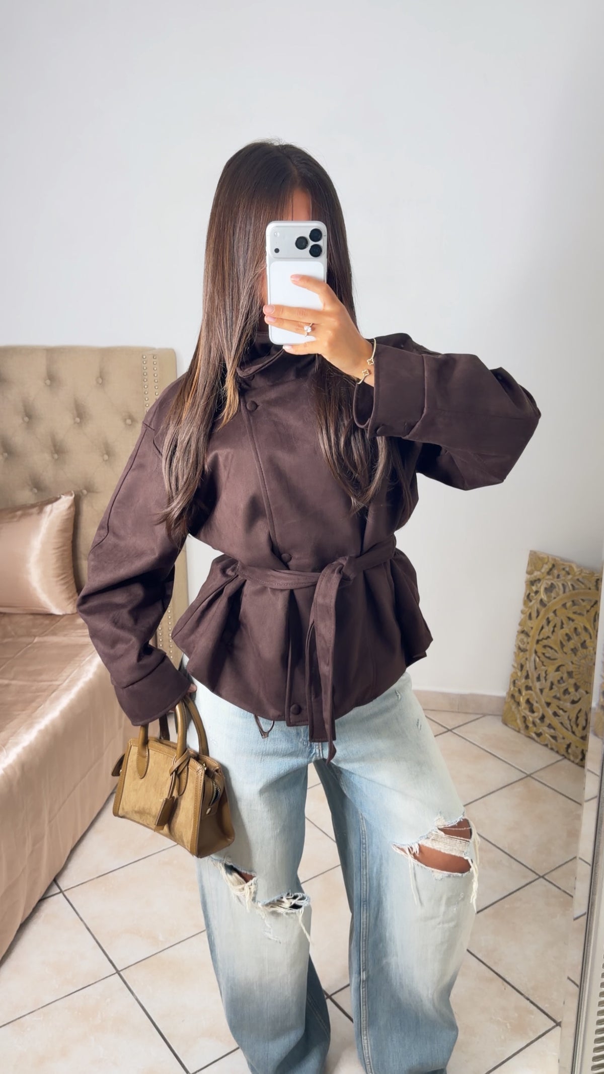 Veste en daim structurée à la taille [MARRON]