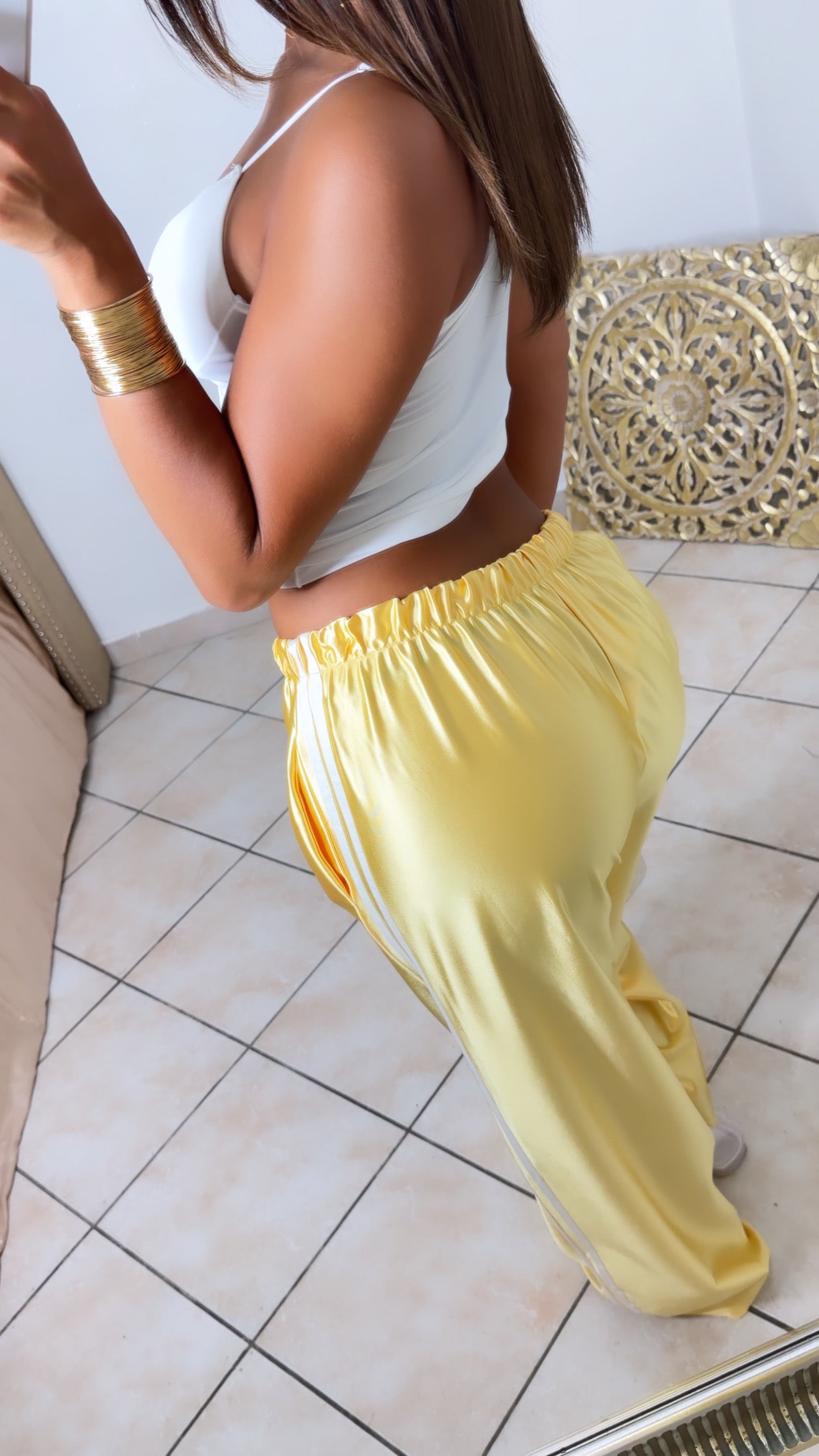 Pantalon satiné à bandes [JAUNE]