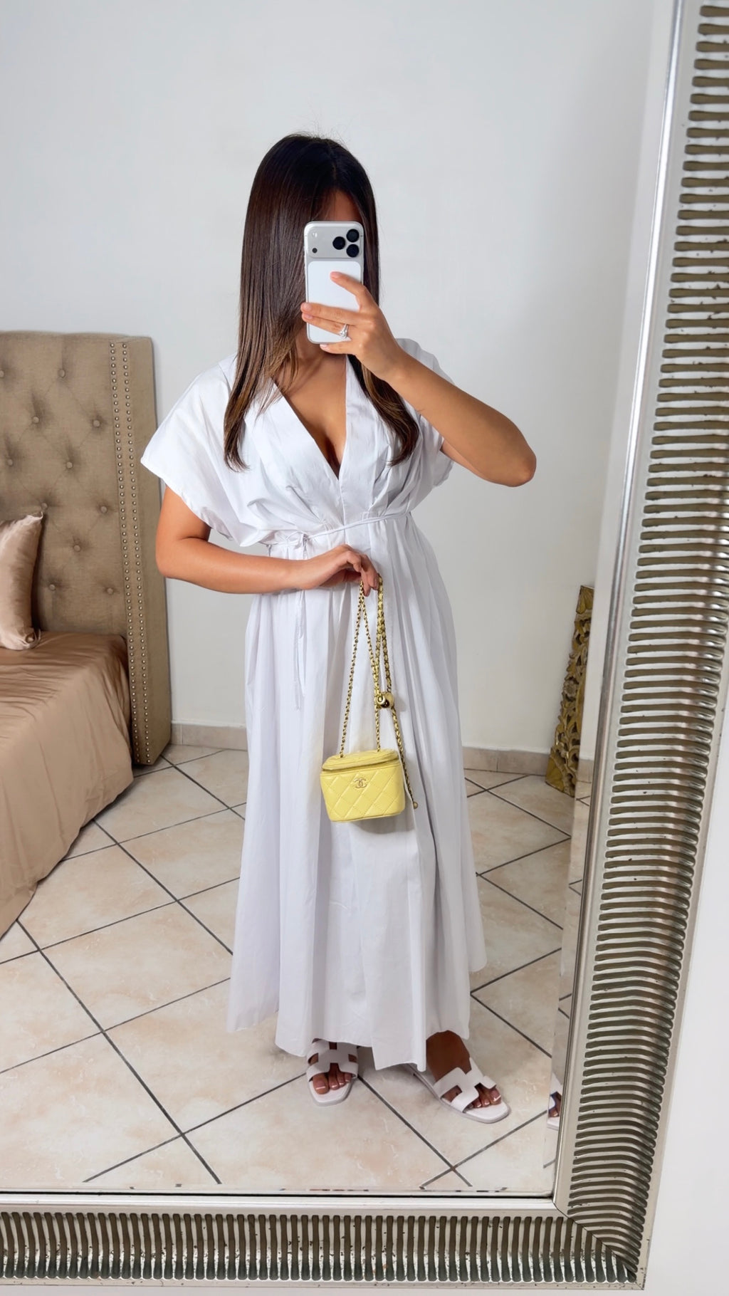 Robe popeline col V à ceinture [BLANC]