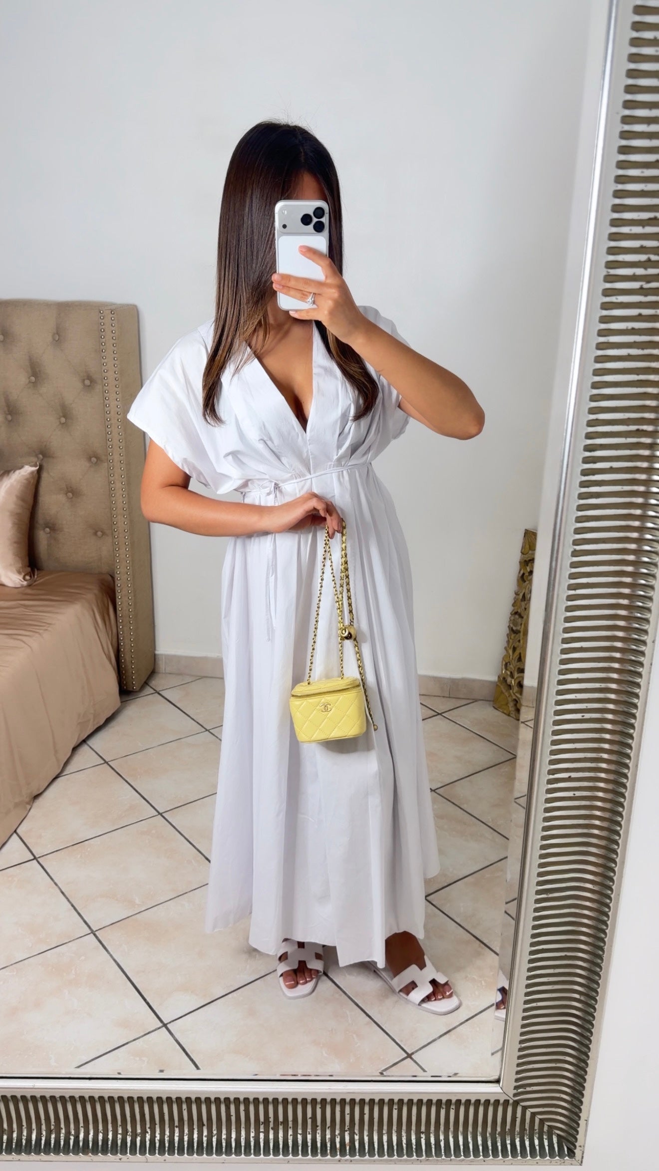 Robe popeline col V à ceinture [BLANC]