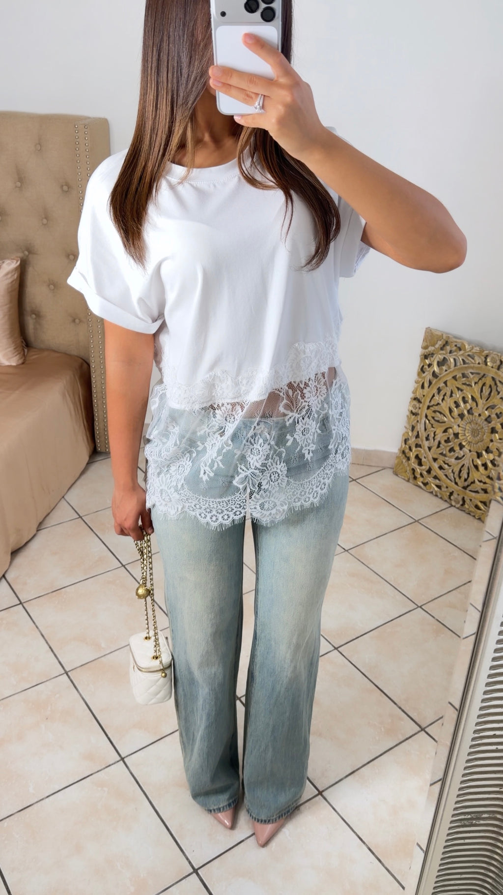 T-shirt bimatière en dentelle [BLANC]
