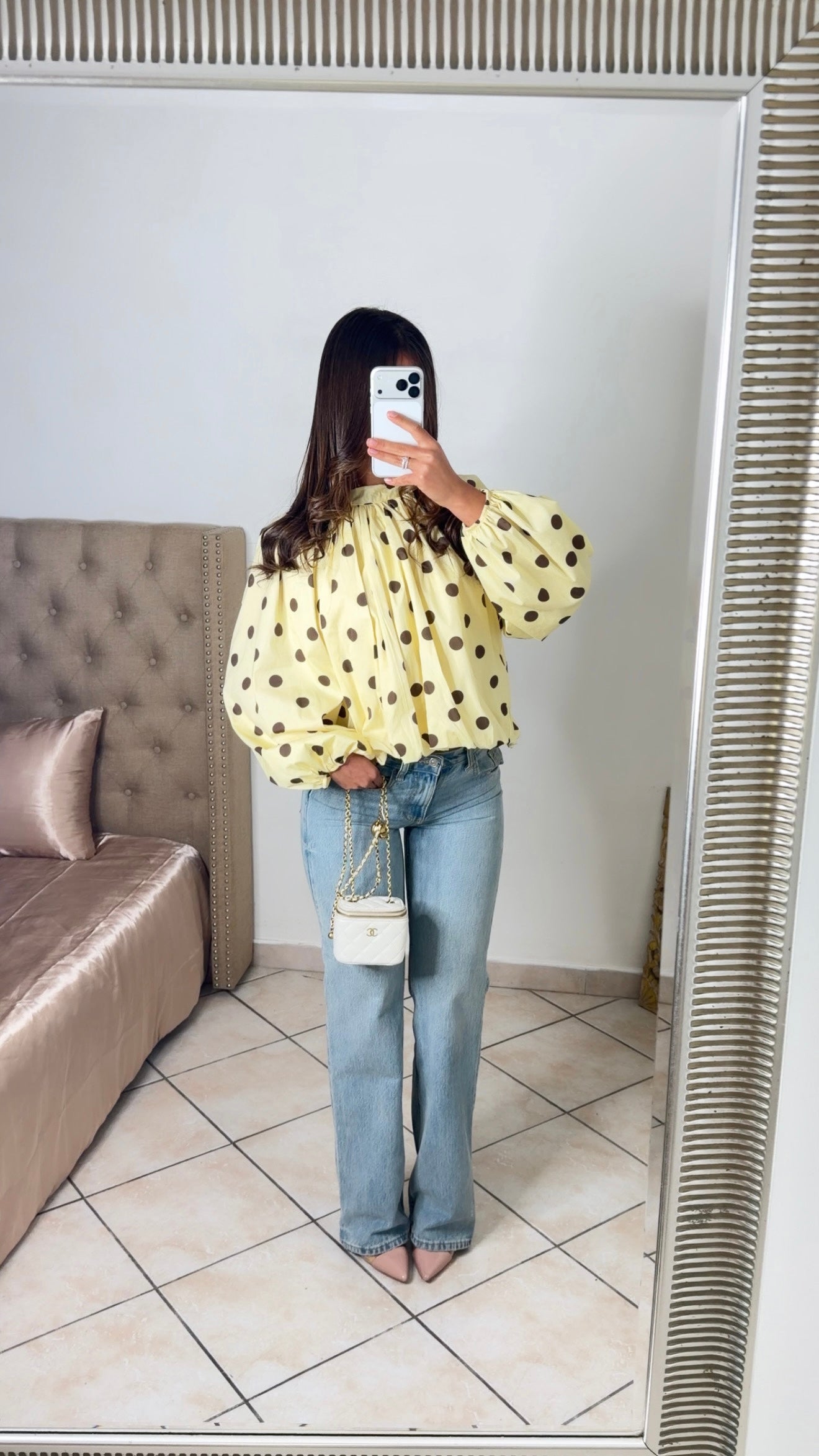 Blouse bouffante à pois à nouer au dos [JAUNE]