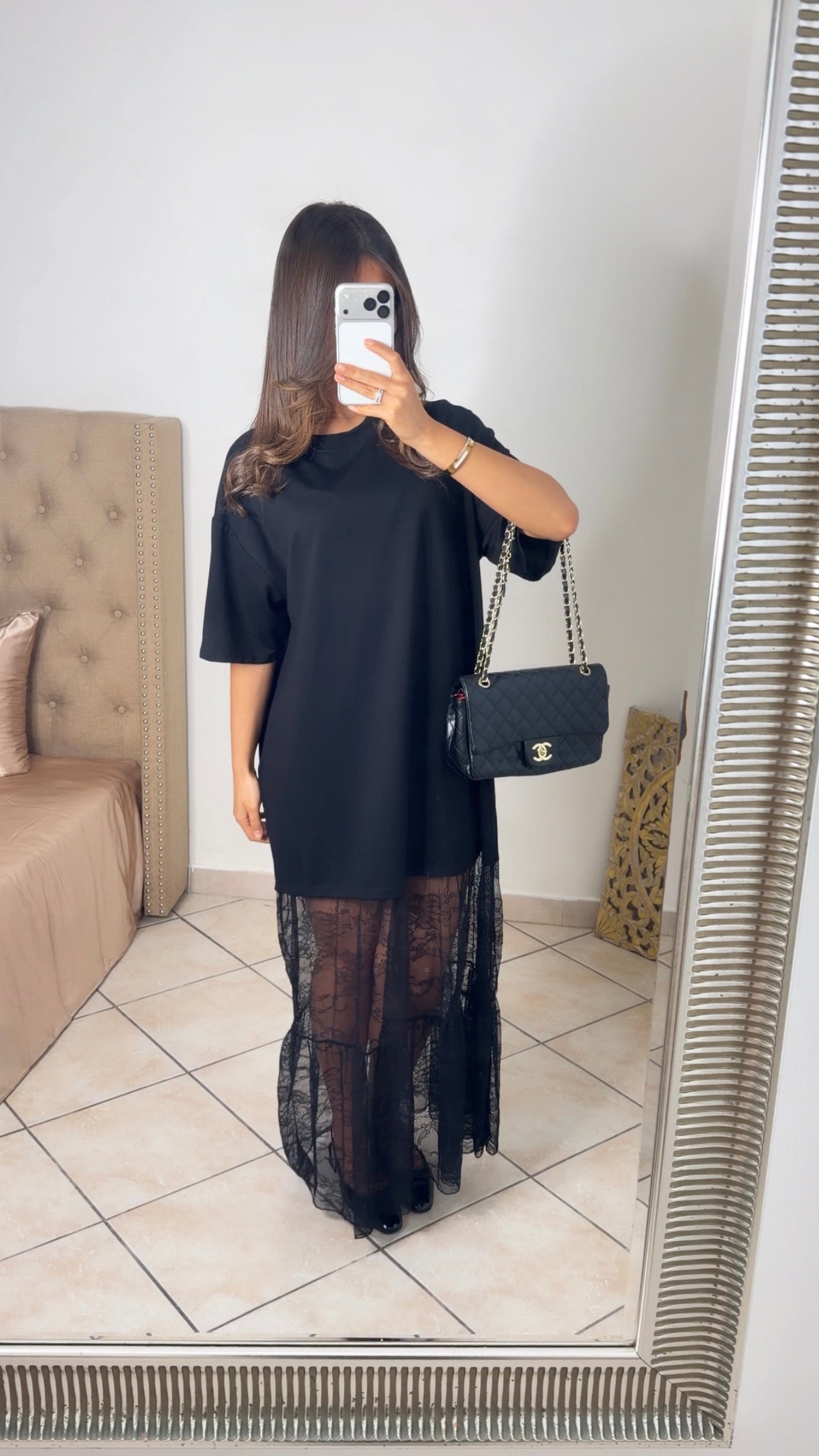 Robe t-shirt bimatière dentelle [NOIR]