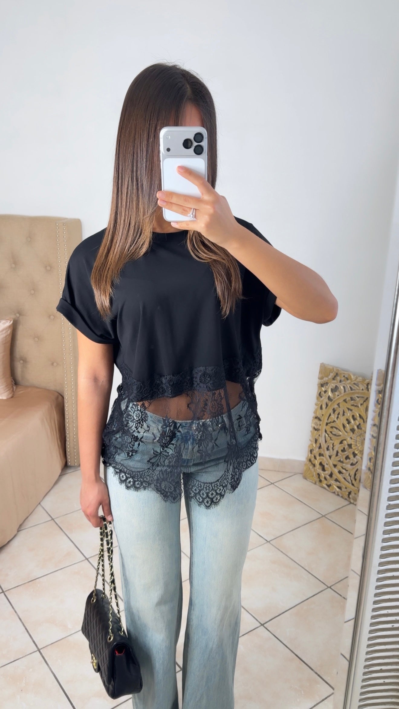 T-shirt bimatière en dentelle [NOIR]