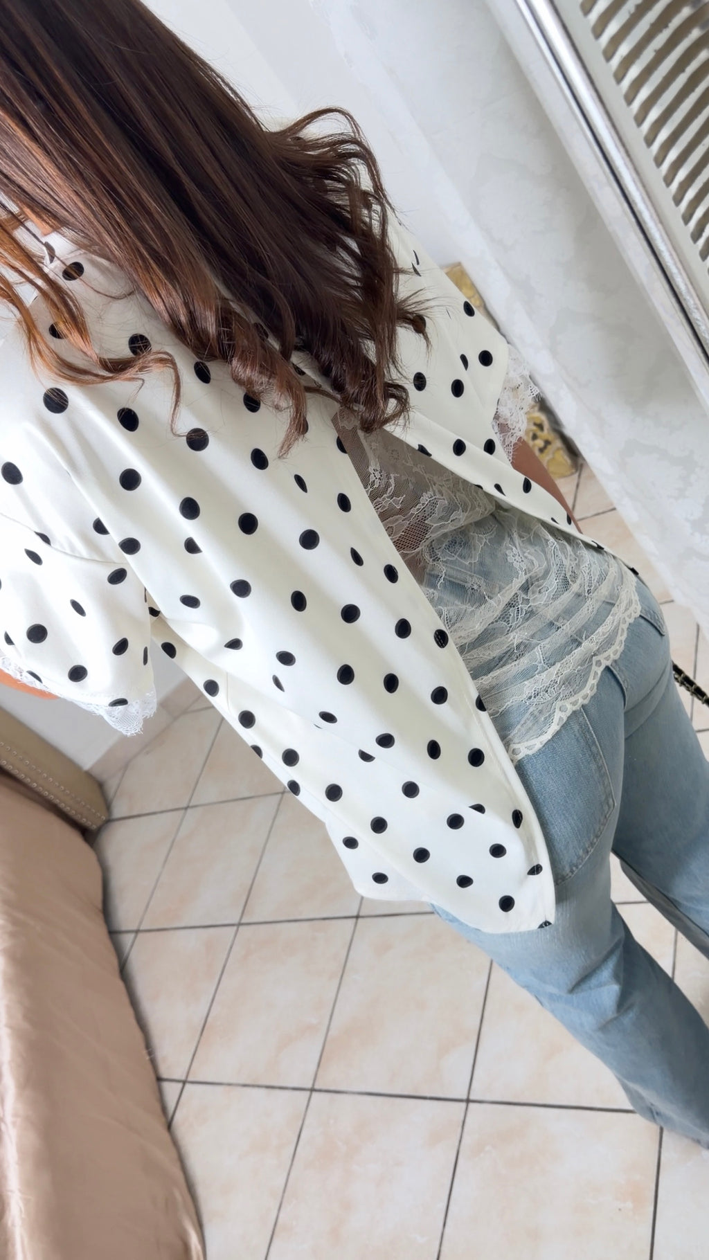 T-shirt dos en dentelle à pois [BLANC]