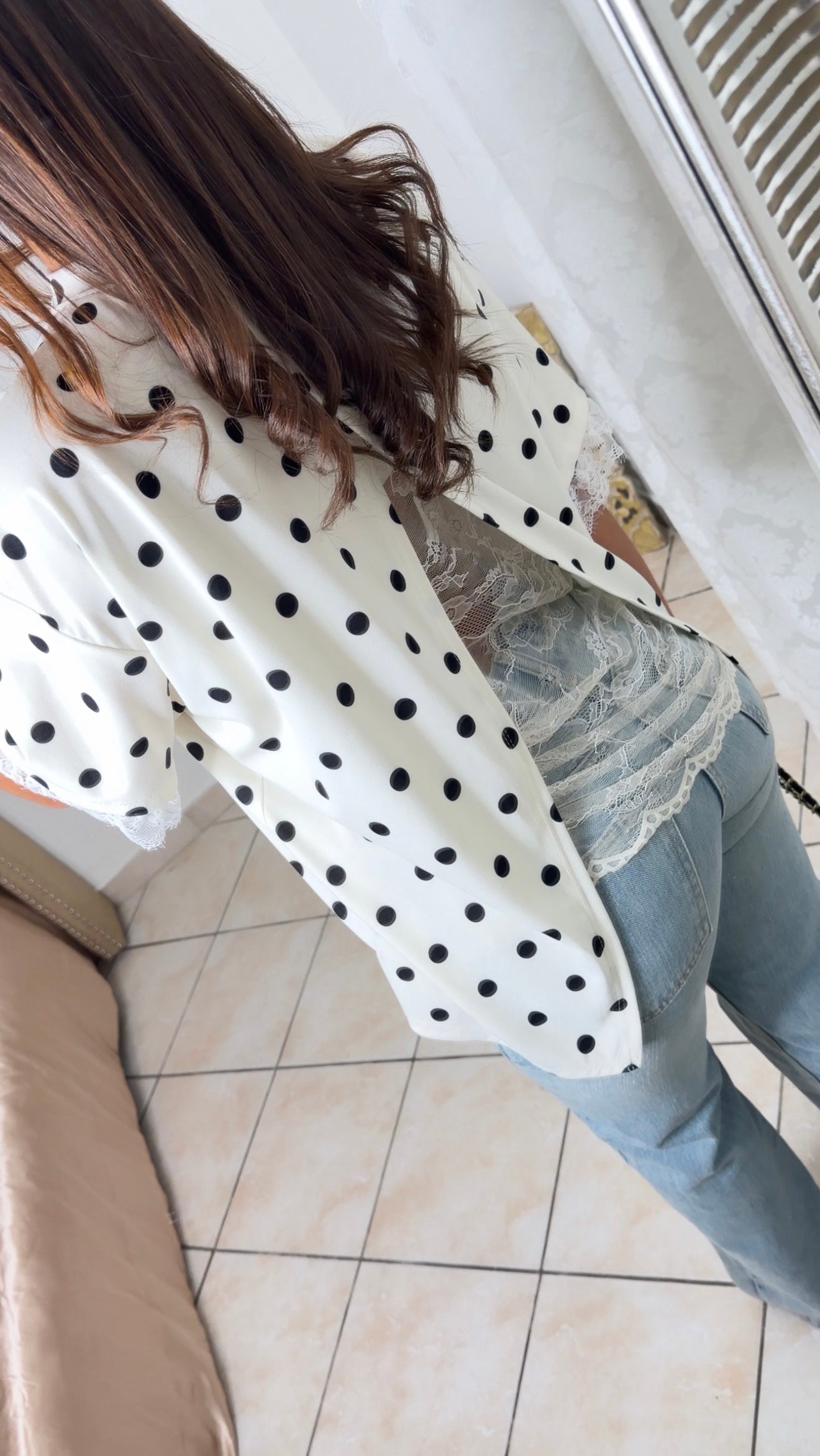 T-shirt dos en dentelle à pois [BLANC]