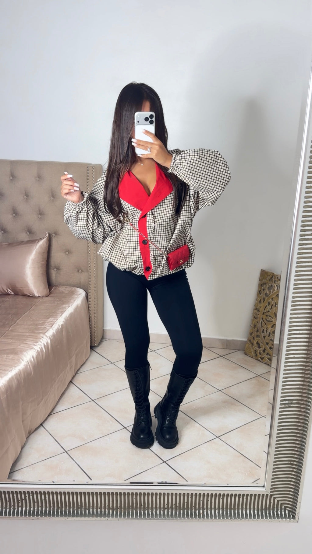 Veste à carreaux revers rouge [CREME]