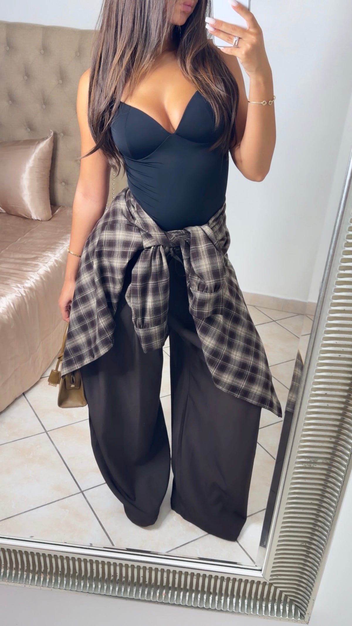 Chemise épaisse oversize longue à carreaux [MARRON]