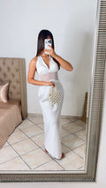 Robe longue satinée à taille en dentelle [BLANC]