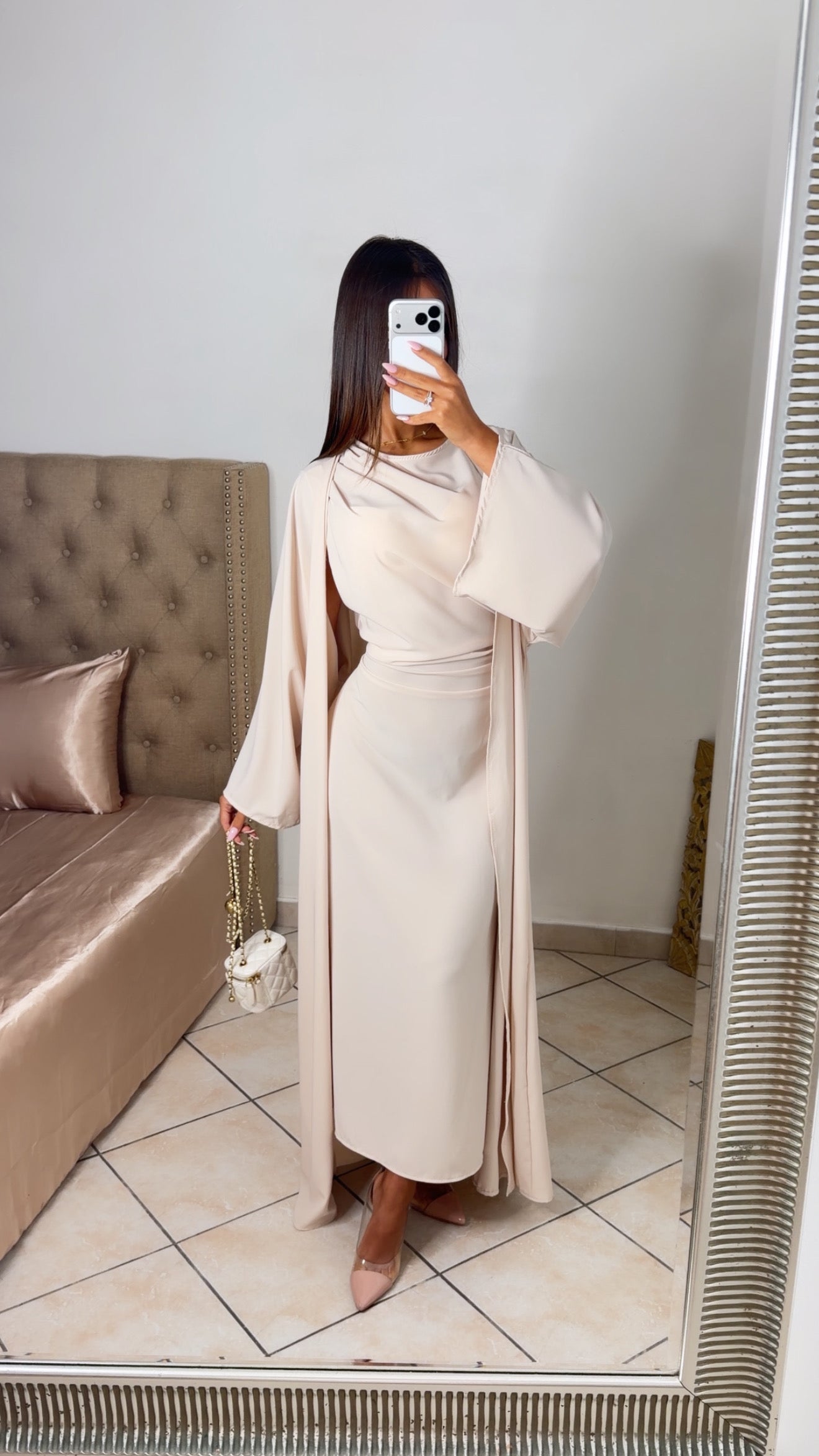 Ensemble robe cintrée à nouer au dos et kimono [BEIGE]