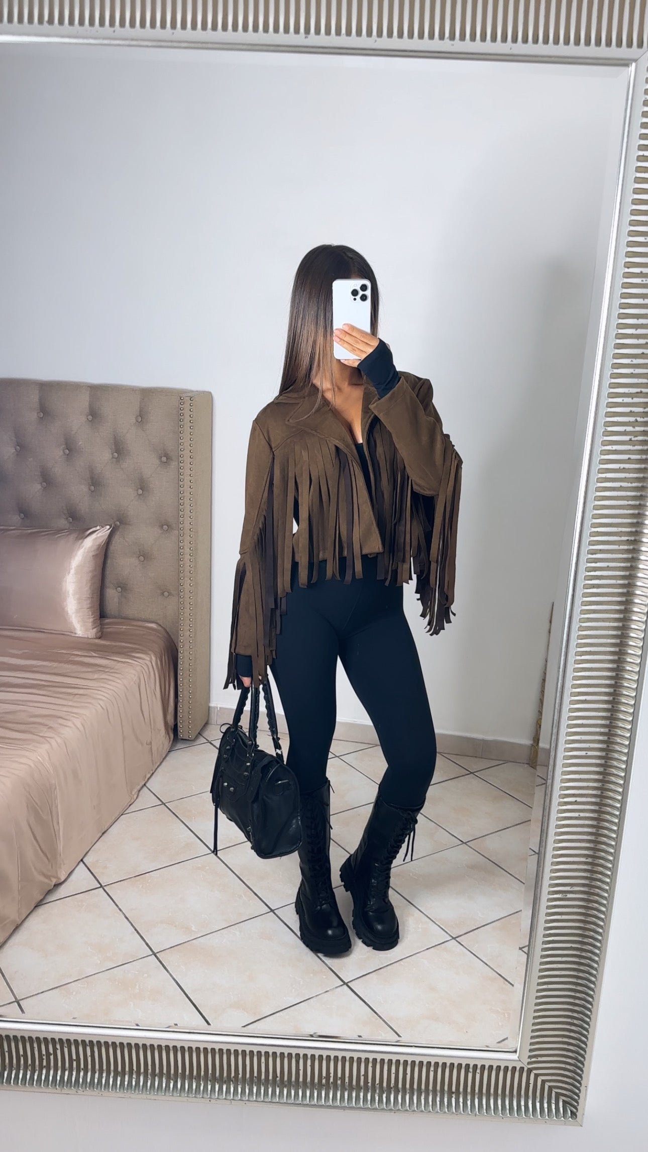 Veste courte à franges effet daim [MARRON]
