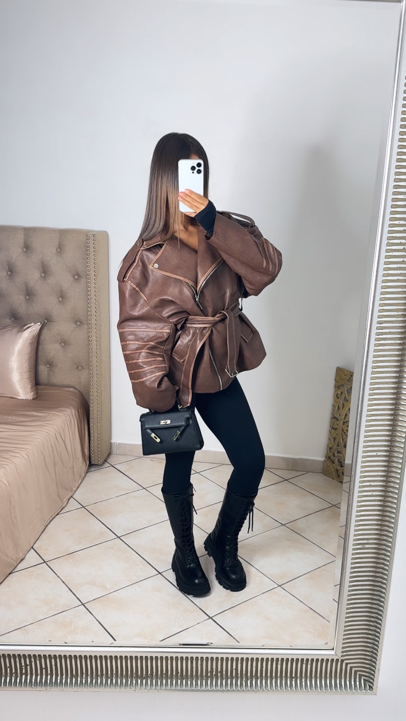 Veste oversize en similicuir à ceinture [MARRON]
