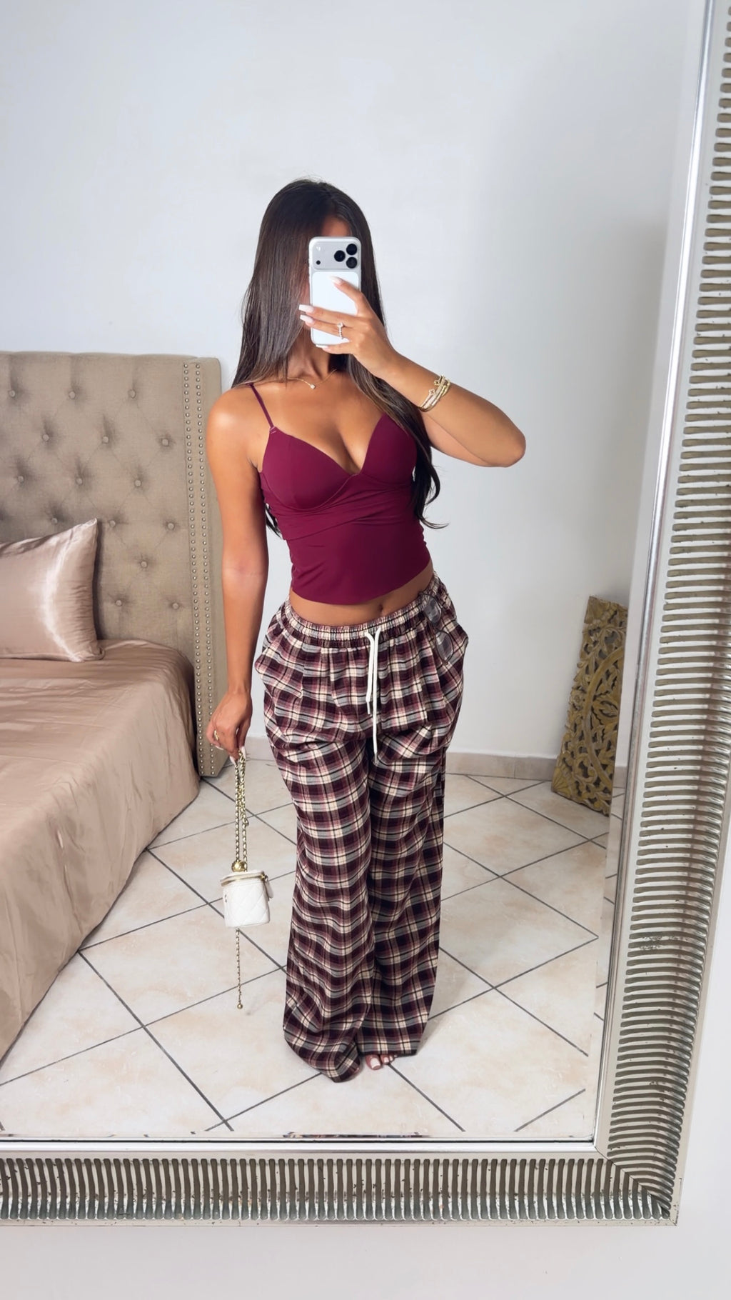 Pantalon à carreaux épais [PRUNE]