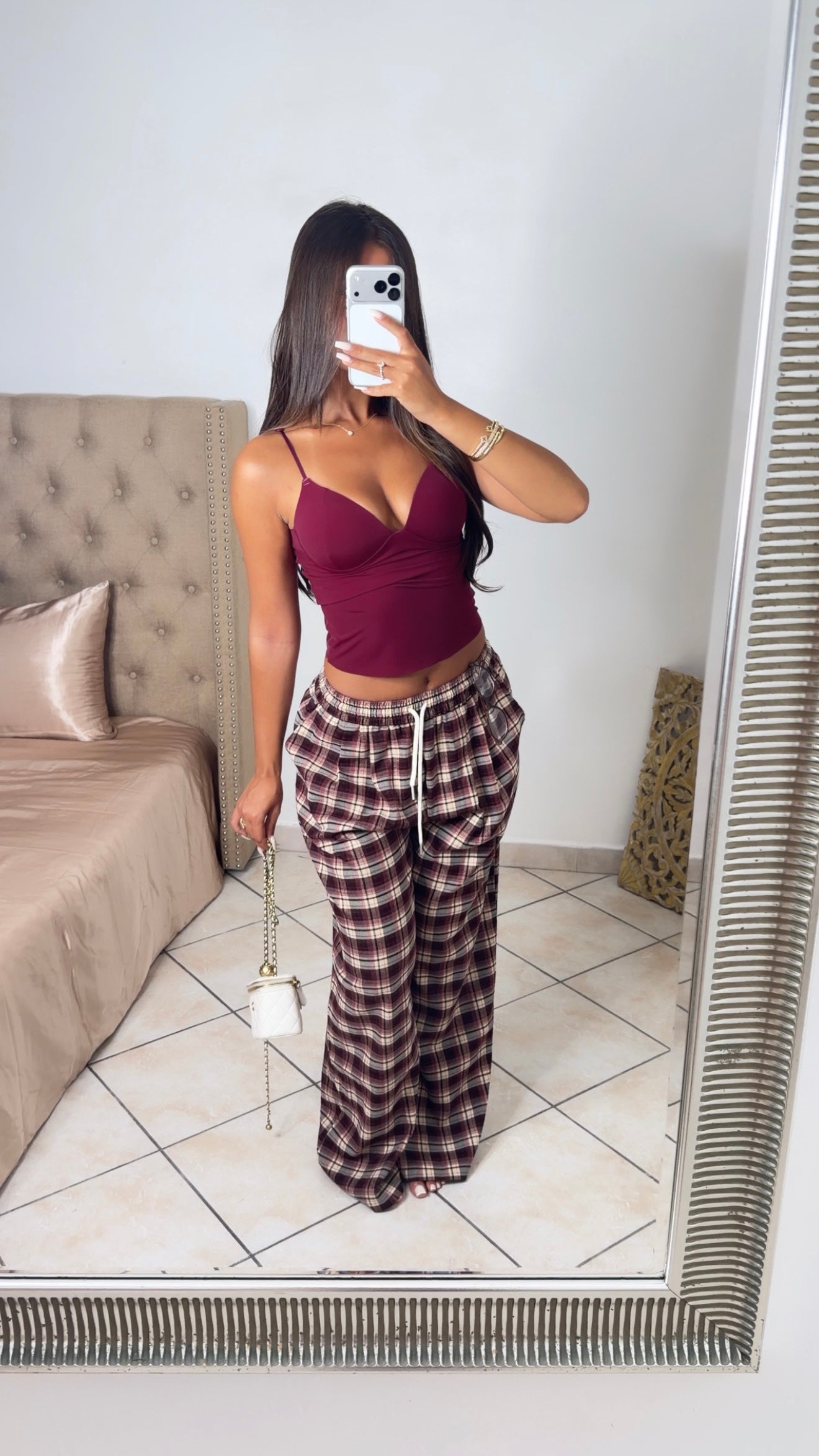 Pantalon à carreaux épais [PRUNE]