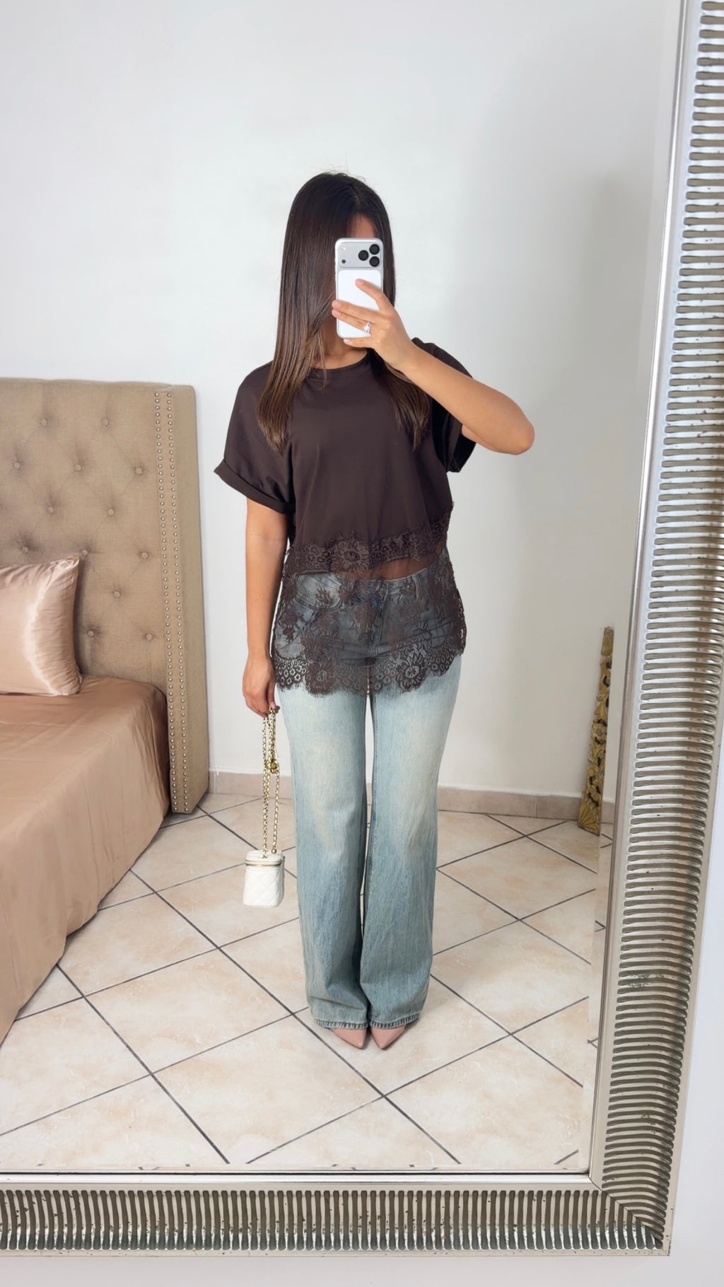 T-shirt bimatière en dentelle [MARRON]