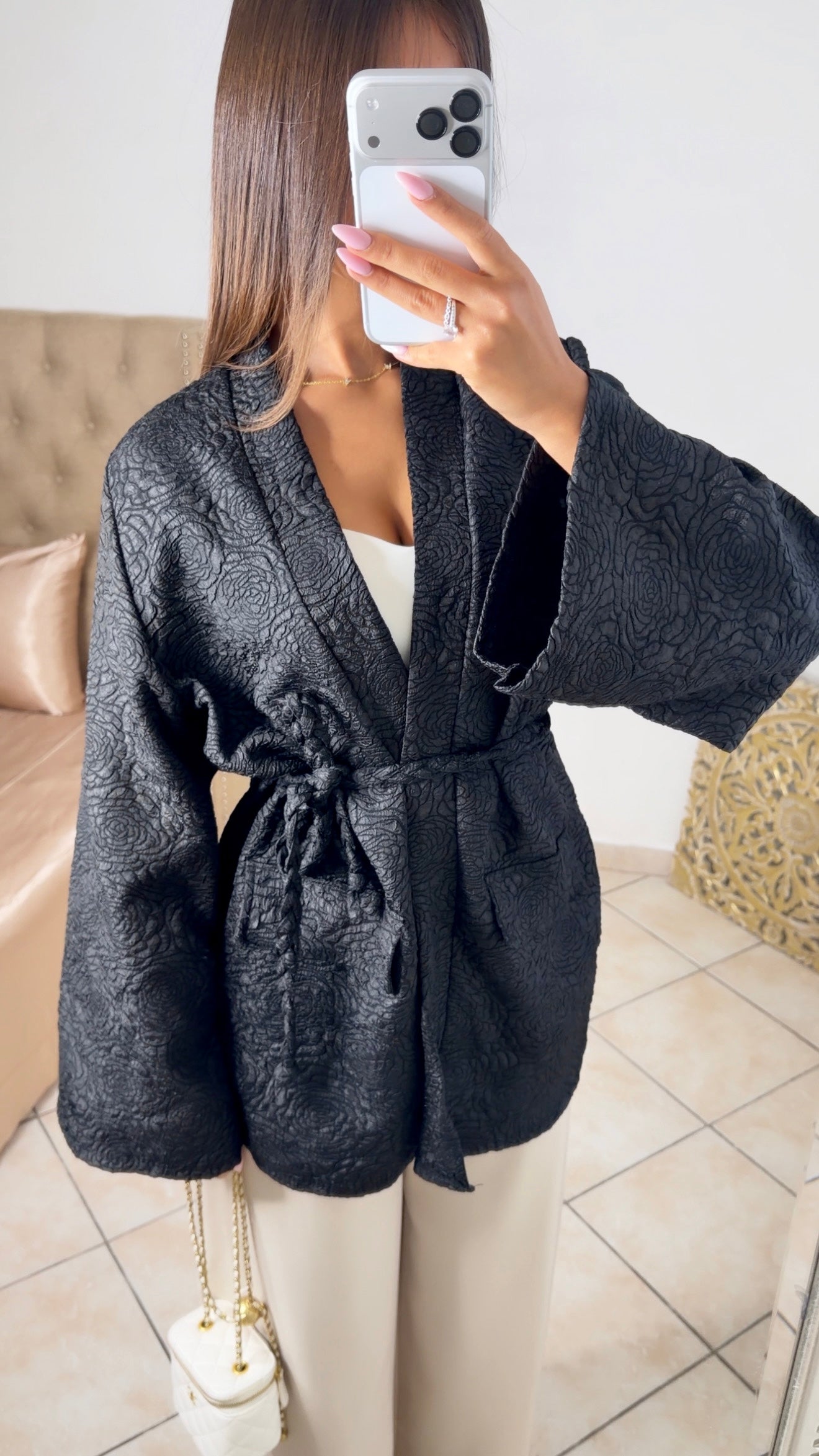Kimono brocard à ceinture [NOIR]